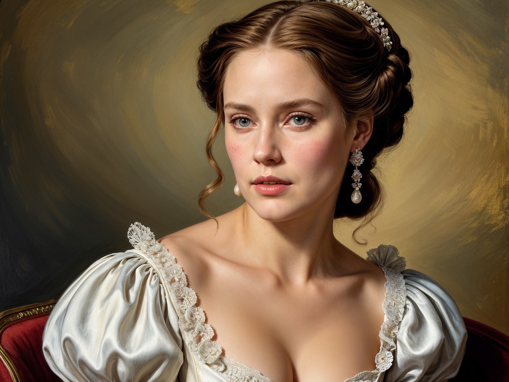 Portrait of a Young Woman in Elegant Off-Shoulder Gown