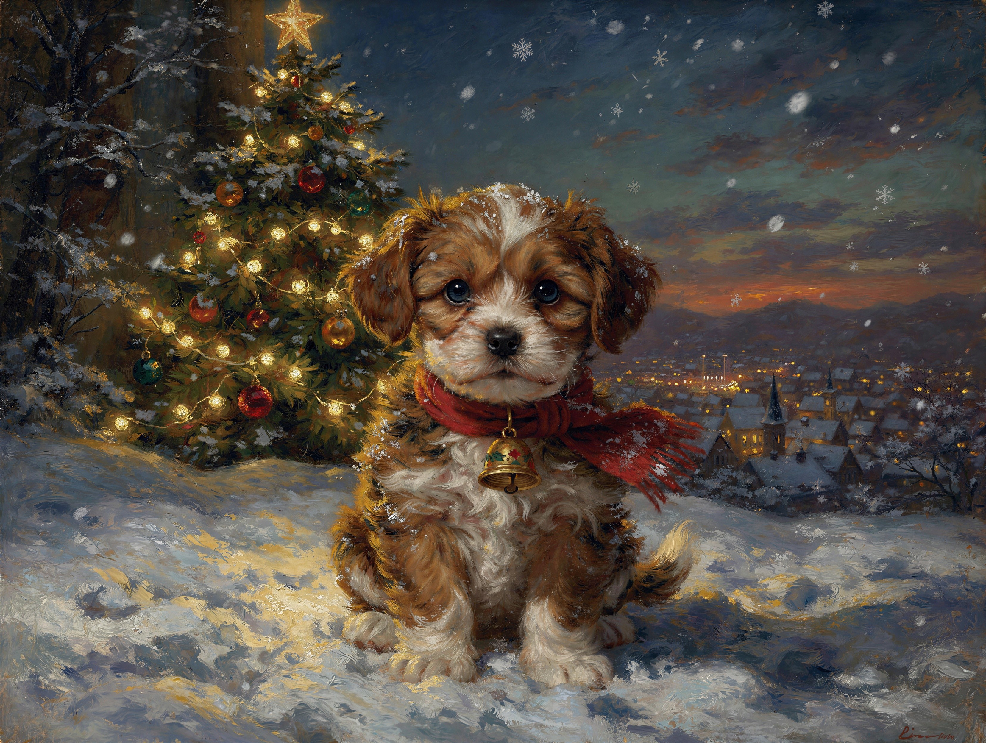 Oil Painting of Puppy in Snow with Christmas Tree