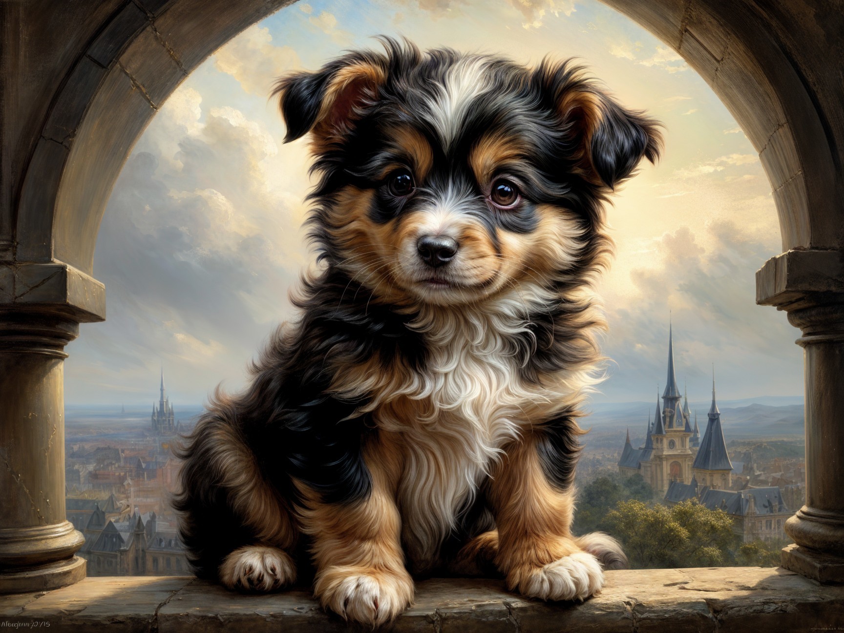 Tri-Colored Puppy on Stone Ledge at Sunset