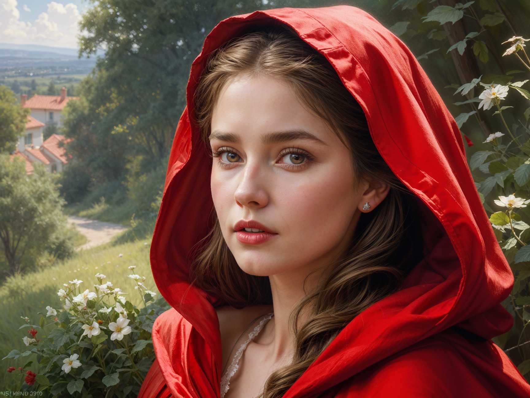 Young woman in red cloak in a fairy-tale setting
