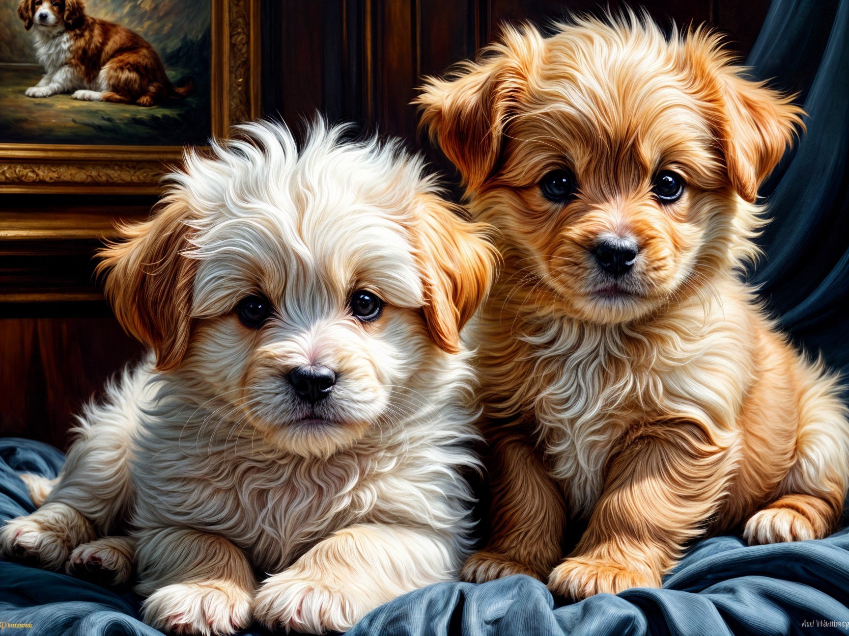 Puppies on Blue Fabric with Classic Dog Painting Background