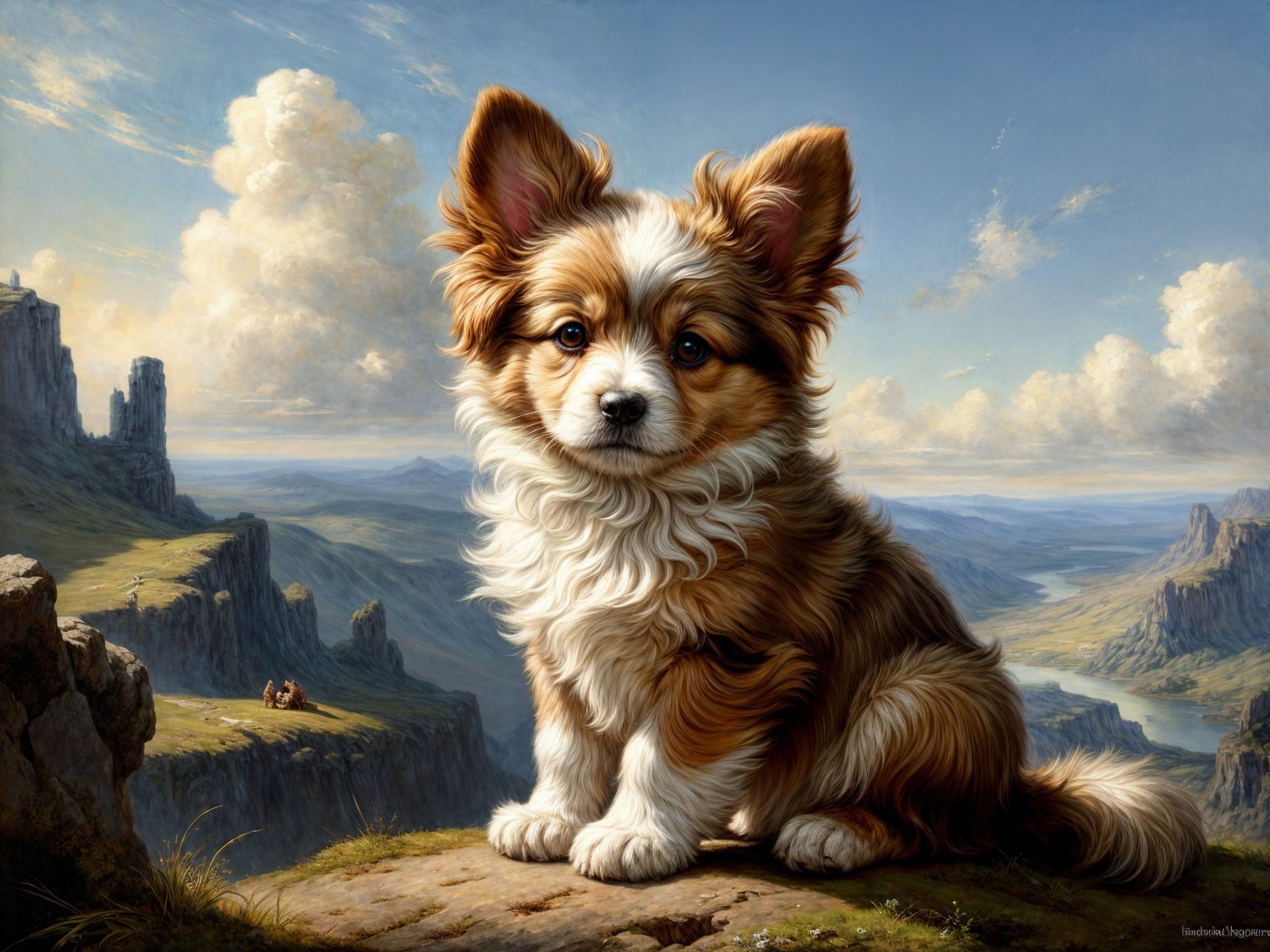 Puppy on Rocky Ledge with Scenic Landscape Background