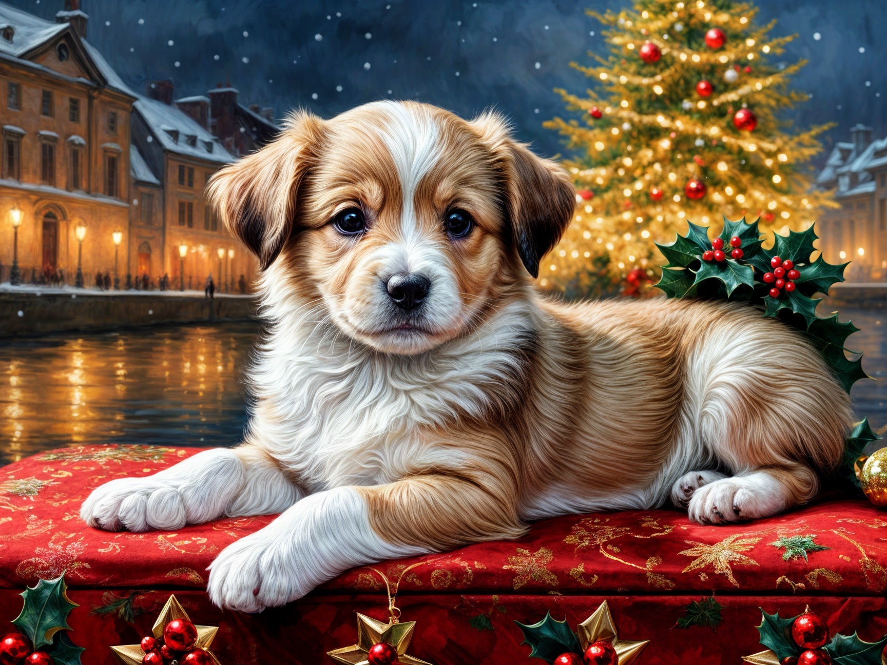 Cute puppy on festive blanket with Christmas tree backdrop