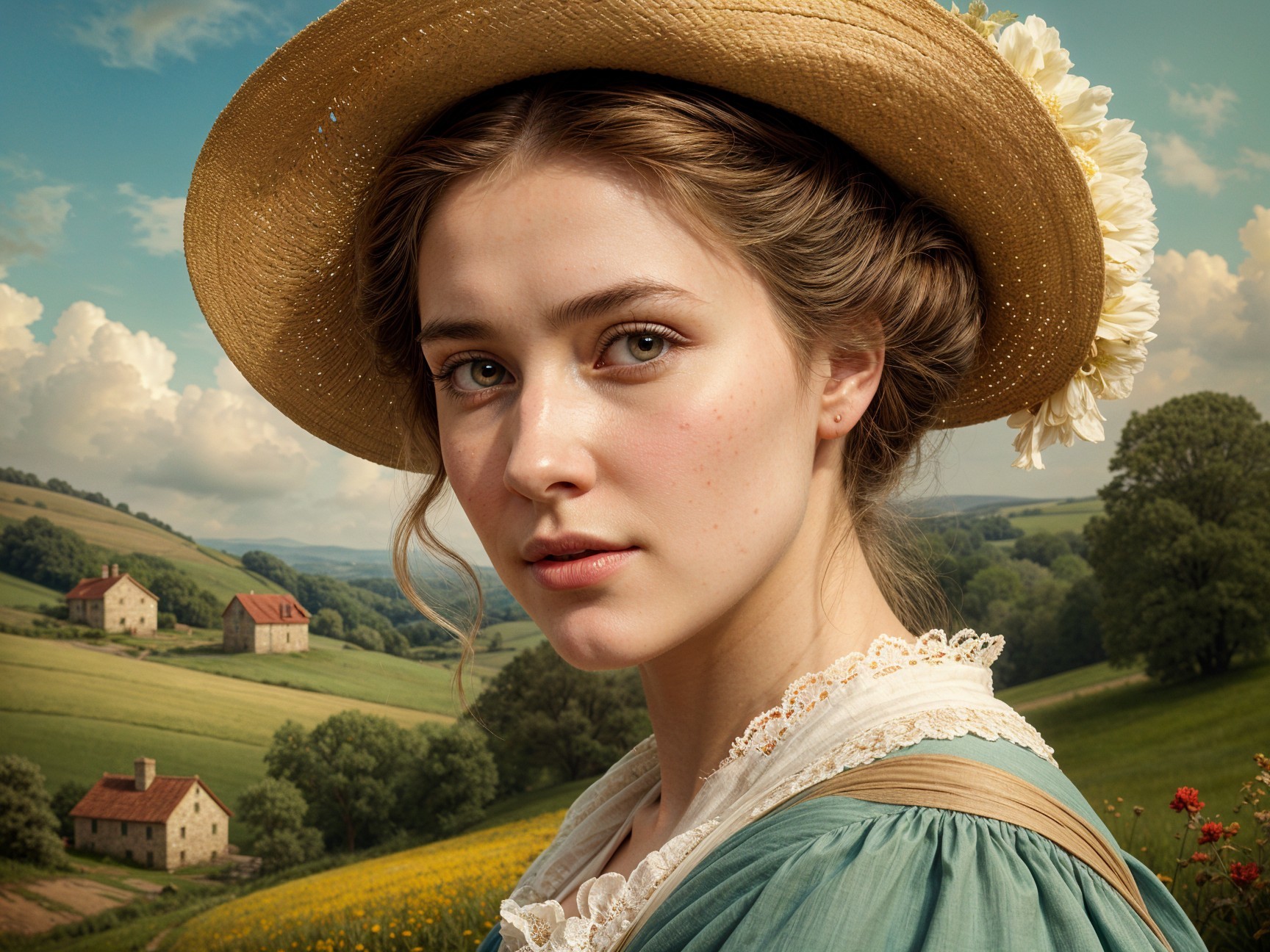 Young Woman in Floral Hat in Countryside Setting