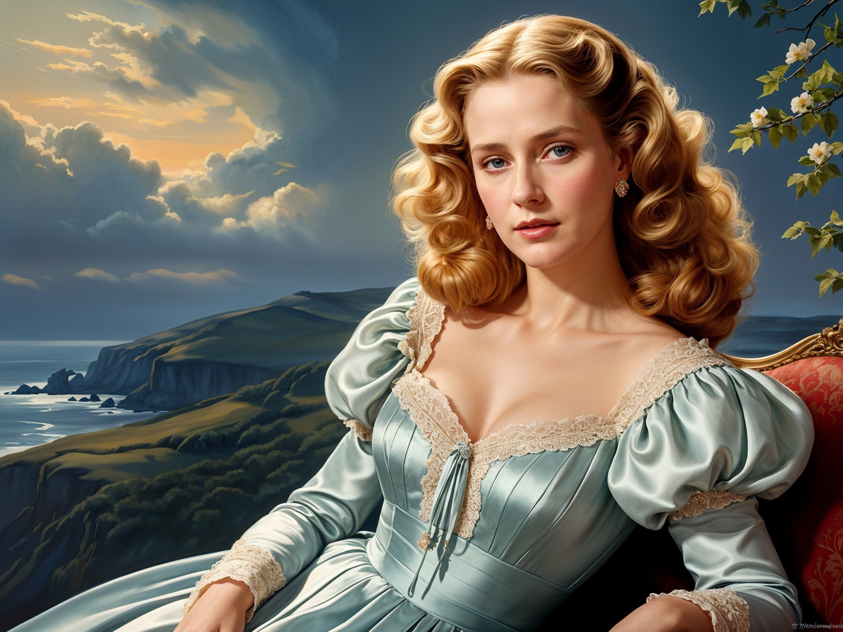 Elegant Woman in Blue Dress Against Coastal Landscape