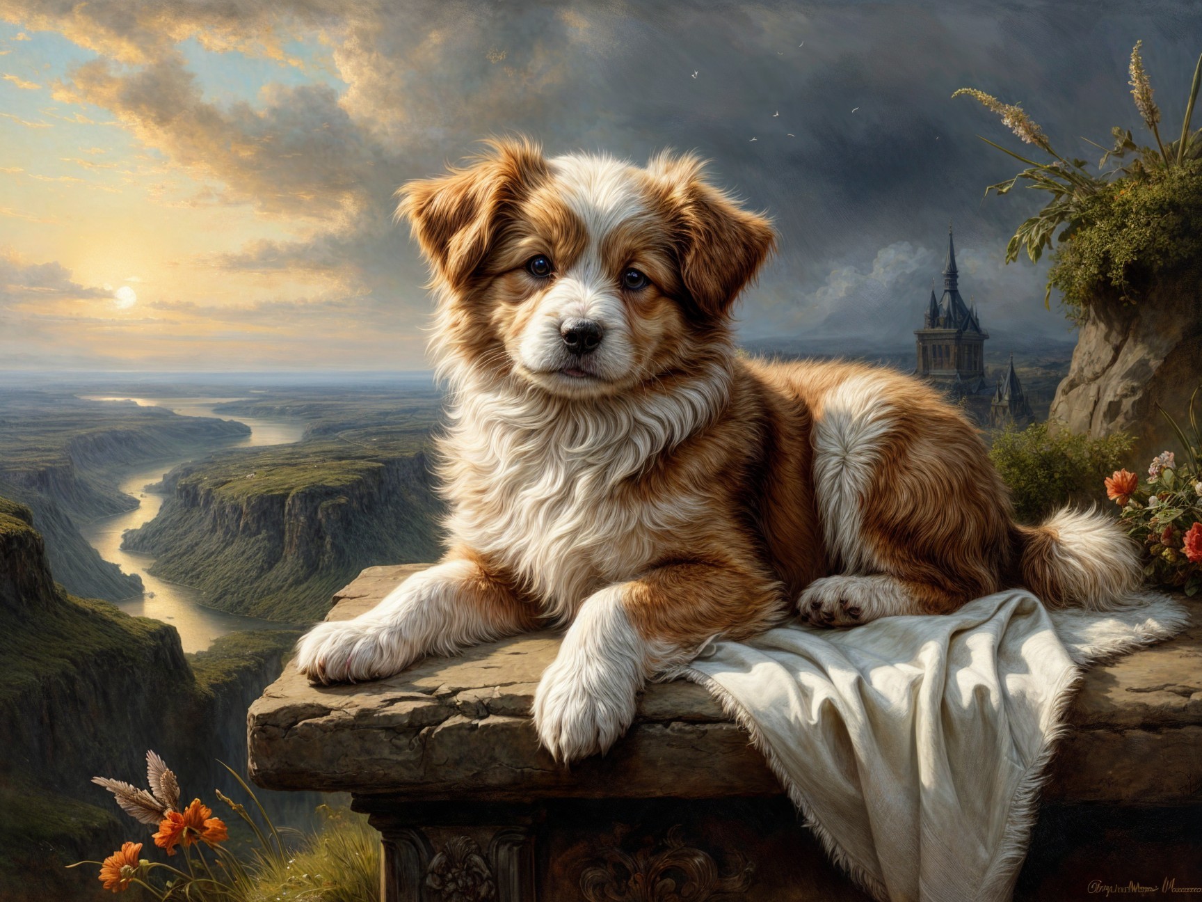 Puppy Resting on Ledge with Scenic Sunset Landscape