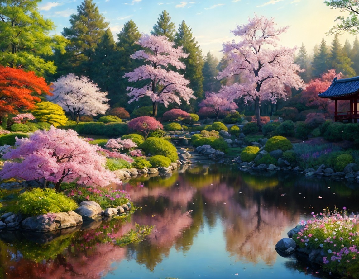 Tranquil Japanese garden with cherry trees, pond, colorful plants & pavilion