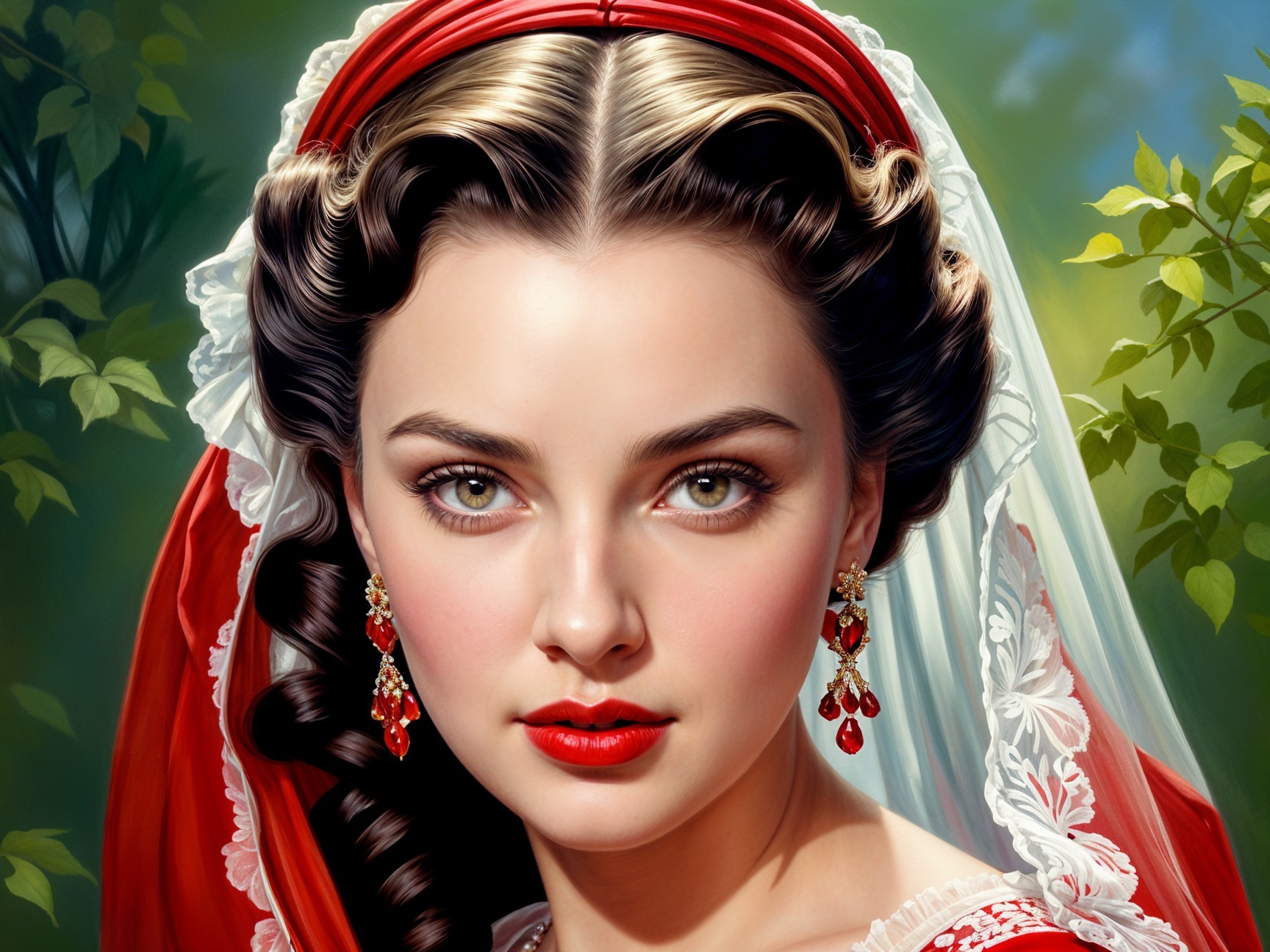 Young woman with striking features and red headpiece
