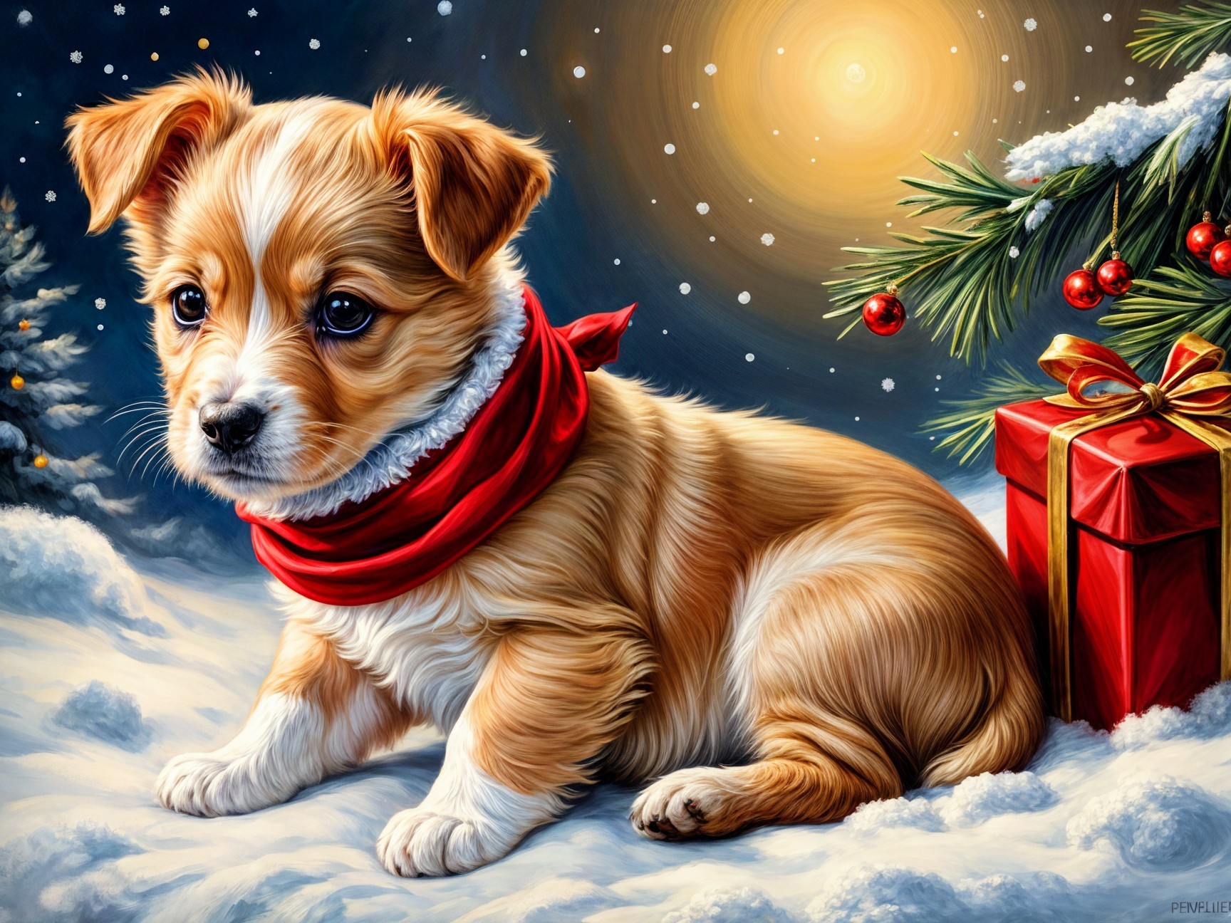 Puppy in Scarf Amid Snowy Christmas Scene