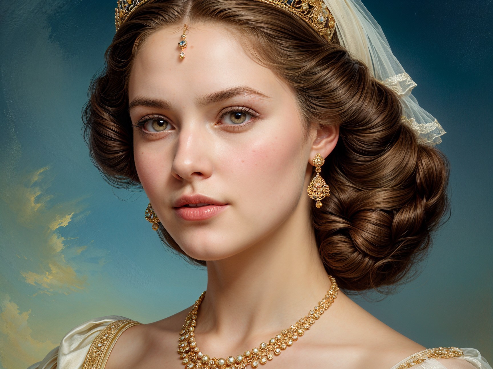 Elegant Young Woman with Tiara and Regal Gown