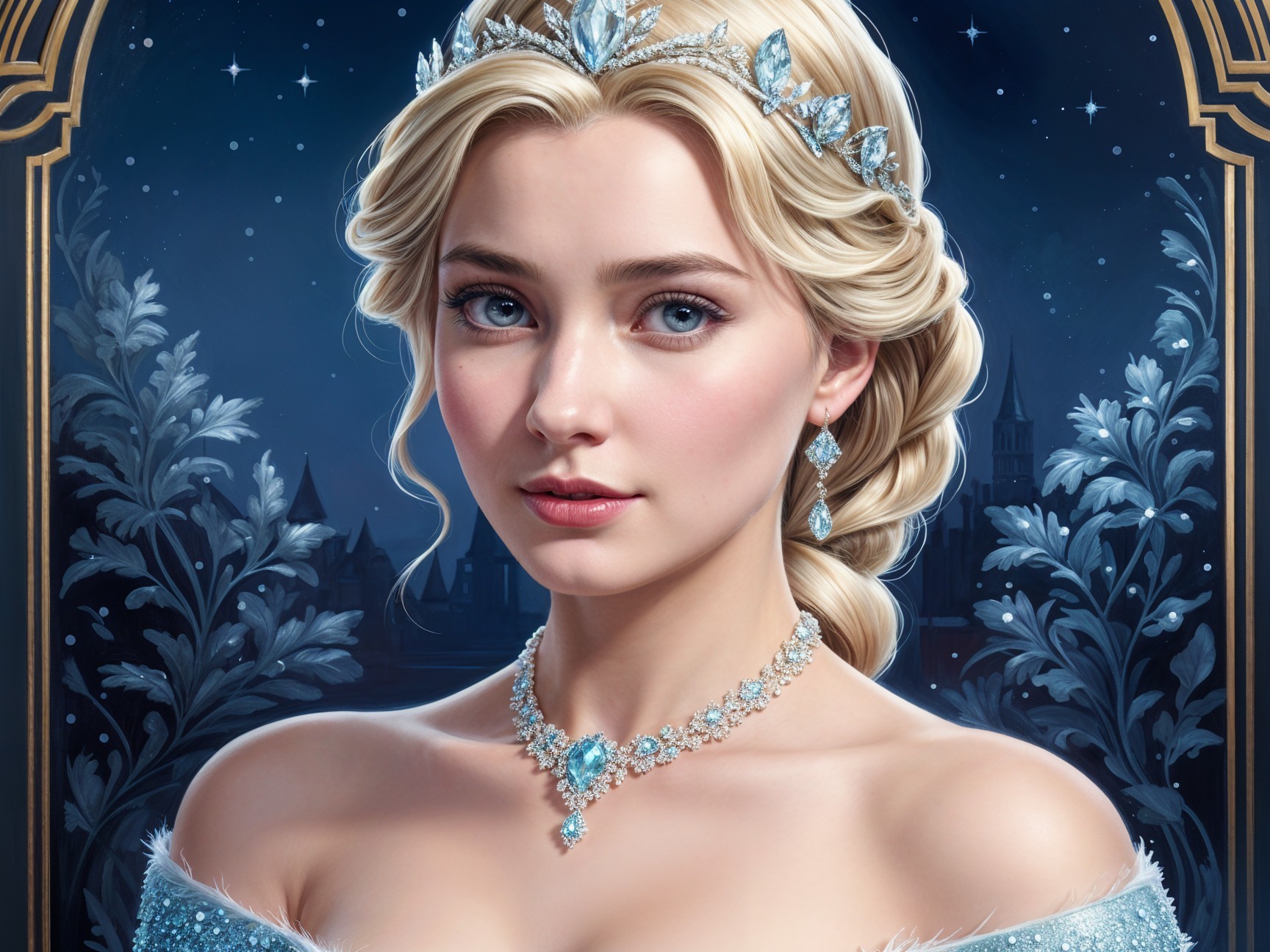 Young Woman in Ice-Blue Gown with Crystal Tiara