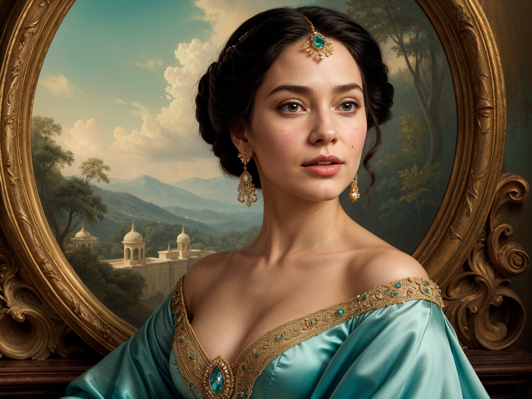 Young Woman in Teal Gown Against Dramatic Landscape