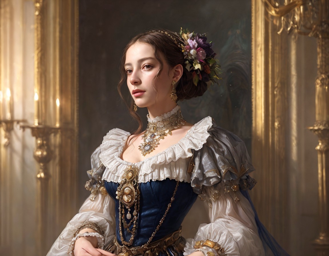 Woman in Historical Dress with Floral Headpiece and Jewelry