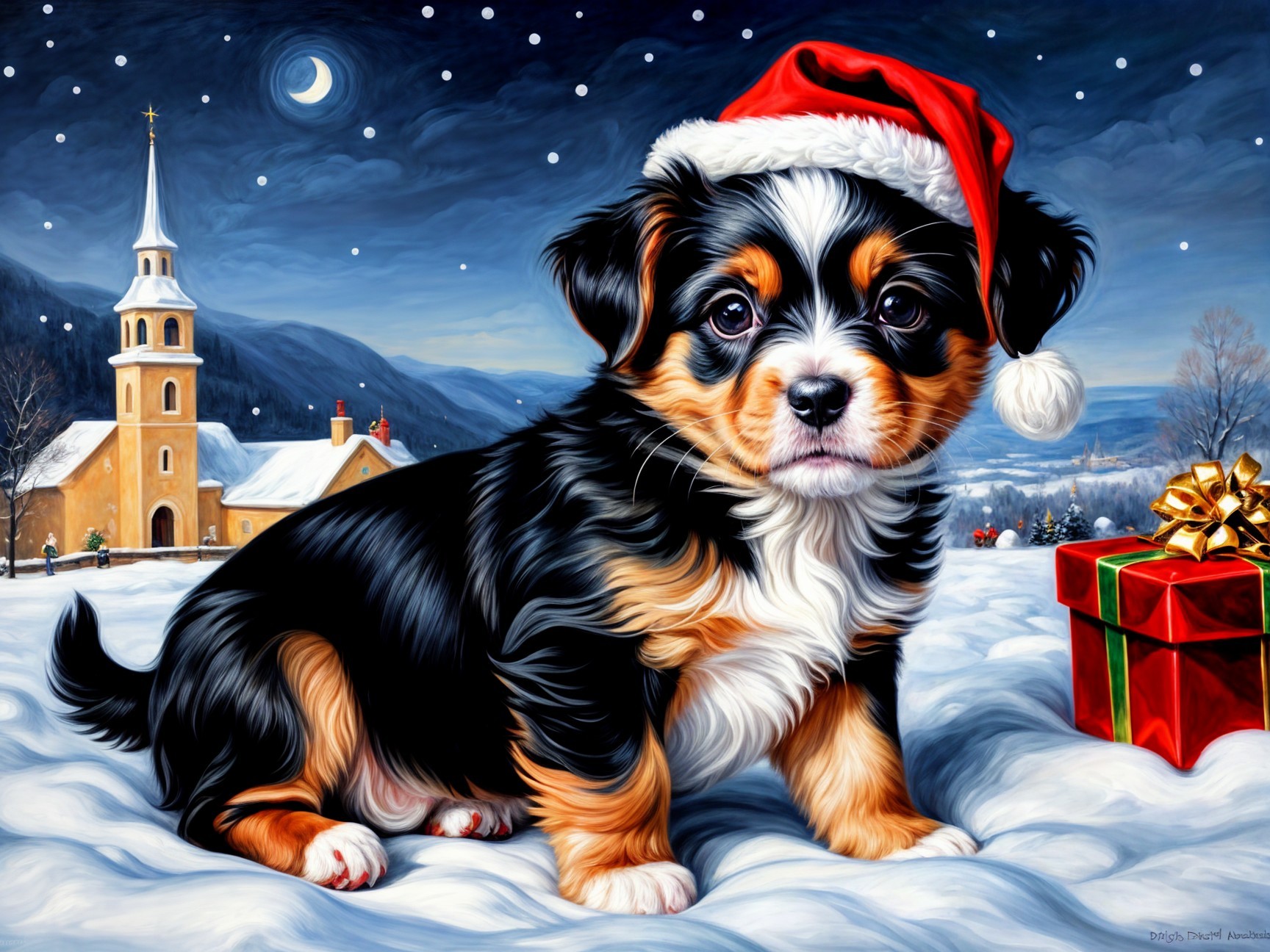 Fluffy Puppy in Snow with Santa Hat and Gift Box