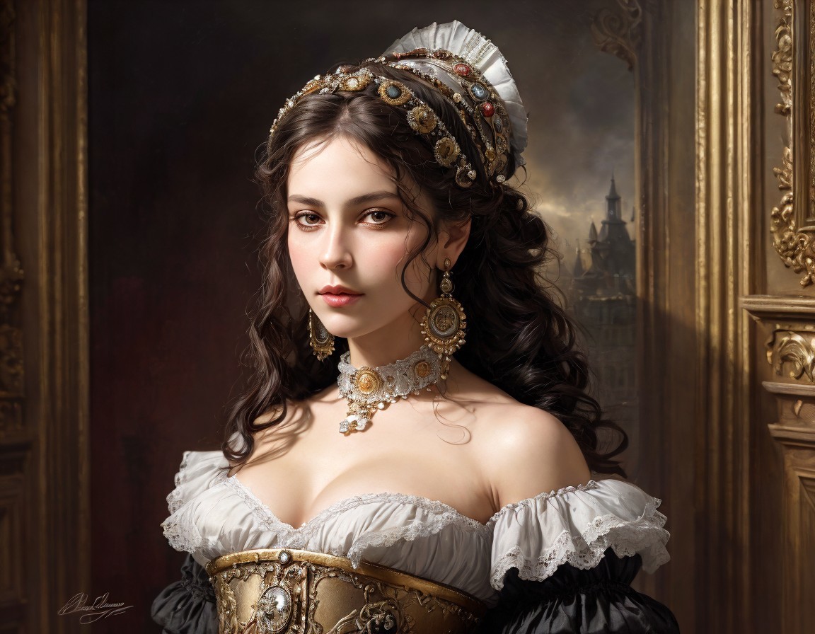 Historical dress woman with ornate headdress and jewelry posed in classic background