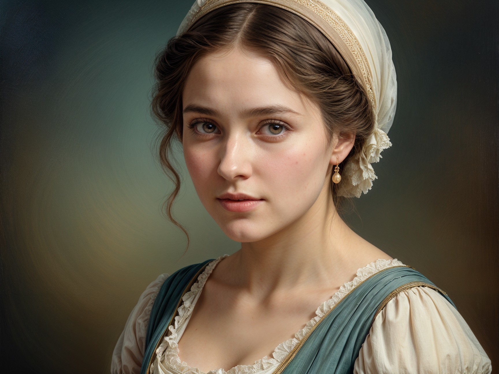 Young Woman in Historical Outfit with Serene Expression