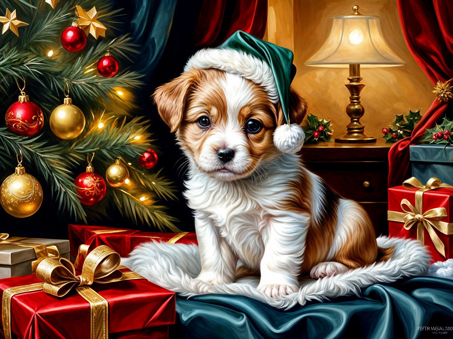 Festive Puppy with Gift Boxes and Christmas Tree