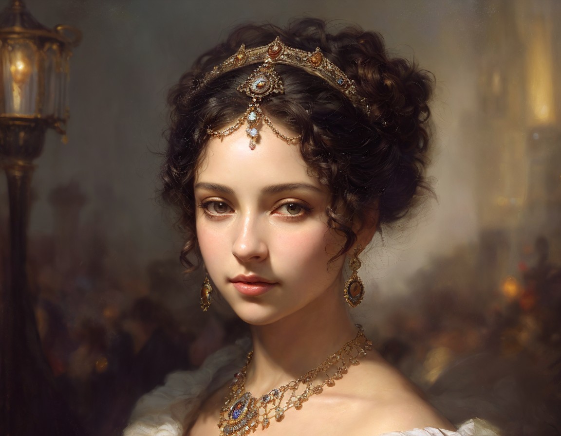 Portrait of Woman with Tiara and Jewelry in Elegant Painting