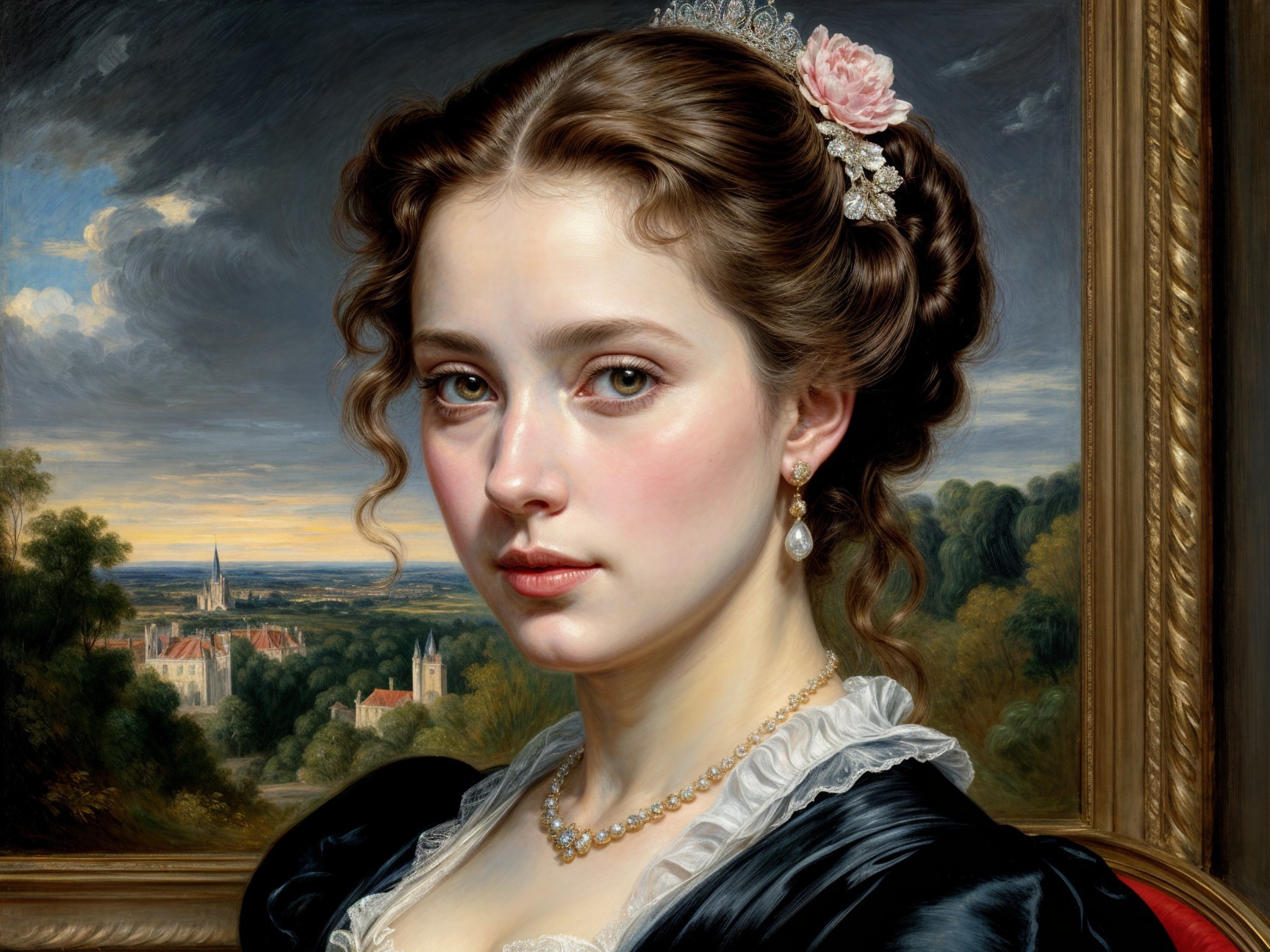 Portrait of a Woman in Black Dress with Scenic Background