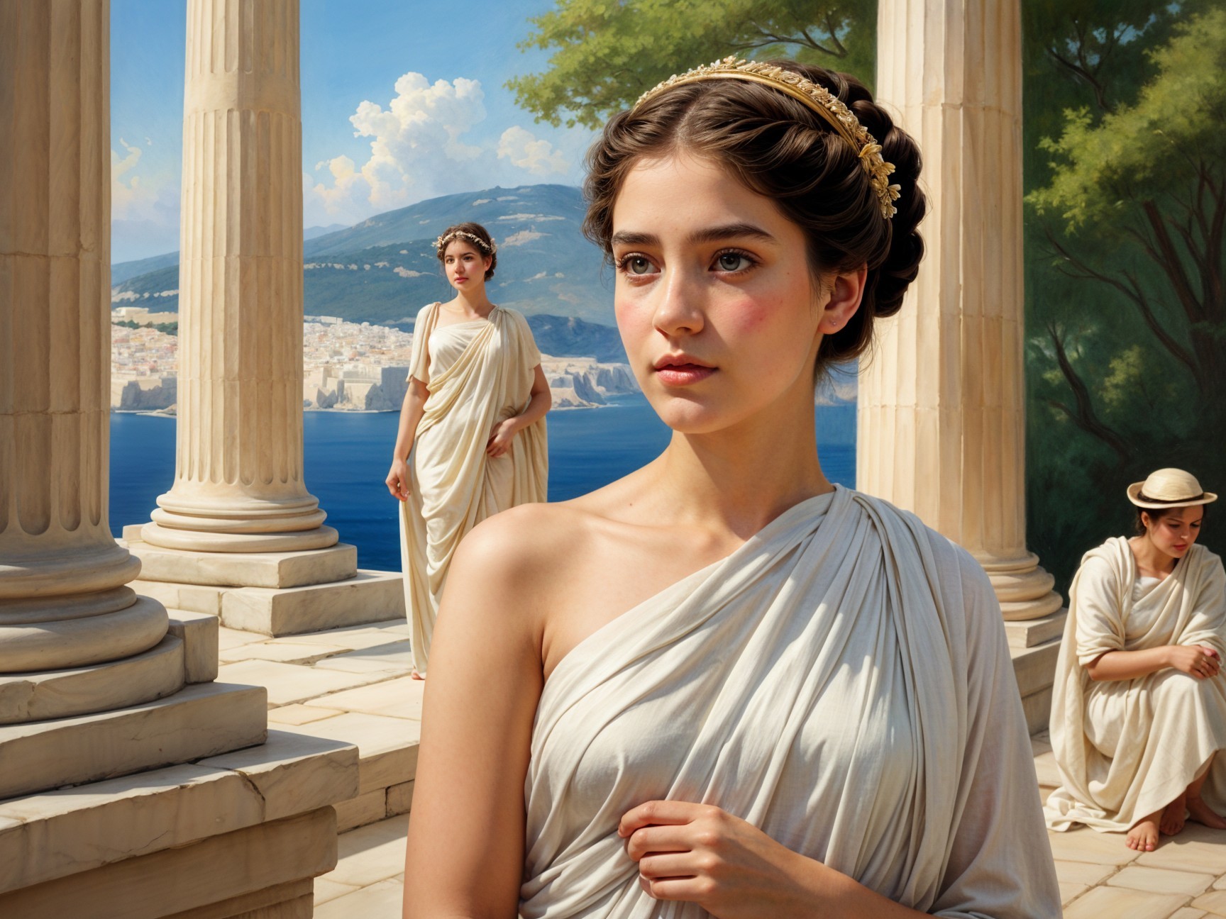 Ancient Setting with Women in Flowing White Togas