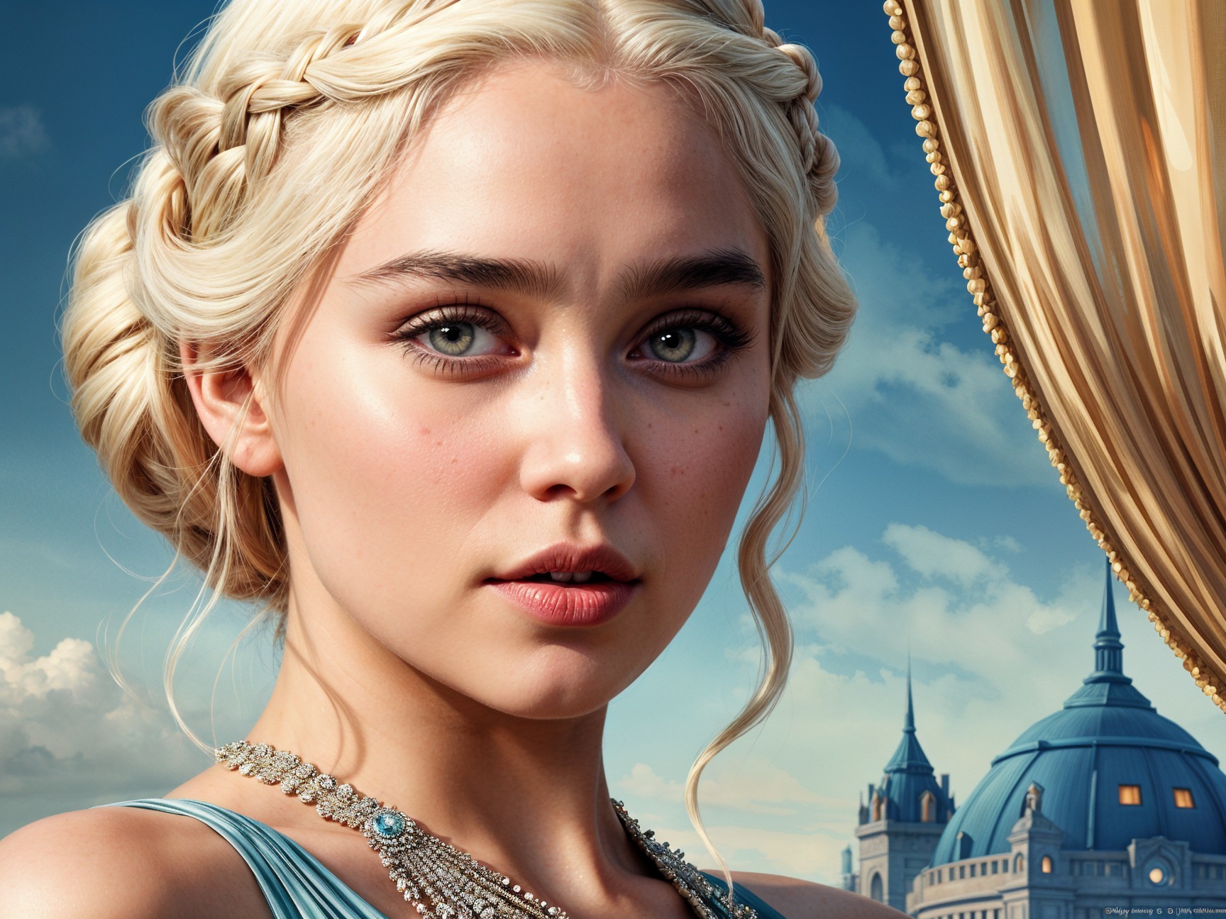 Young Woman in Blue Gown Against Dreamy Landscape