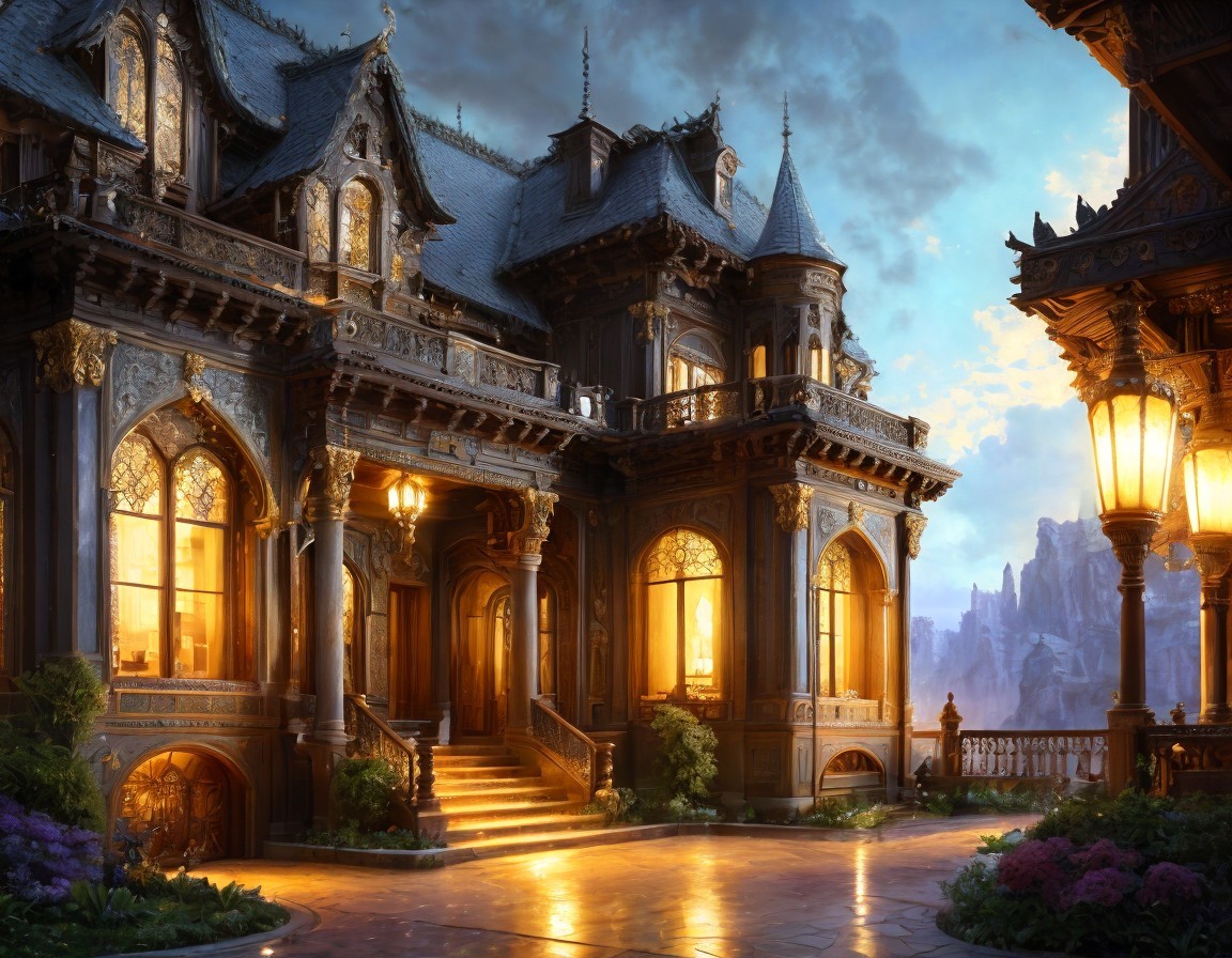 Victorian mansion at dusk with warm lights, wooden trimmings, gardens, and mountains