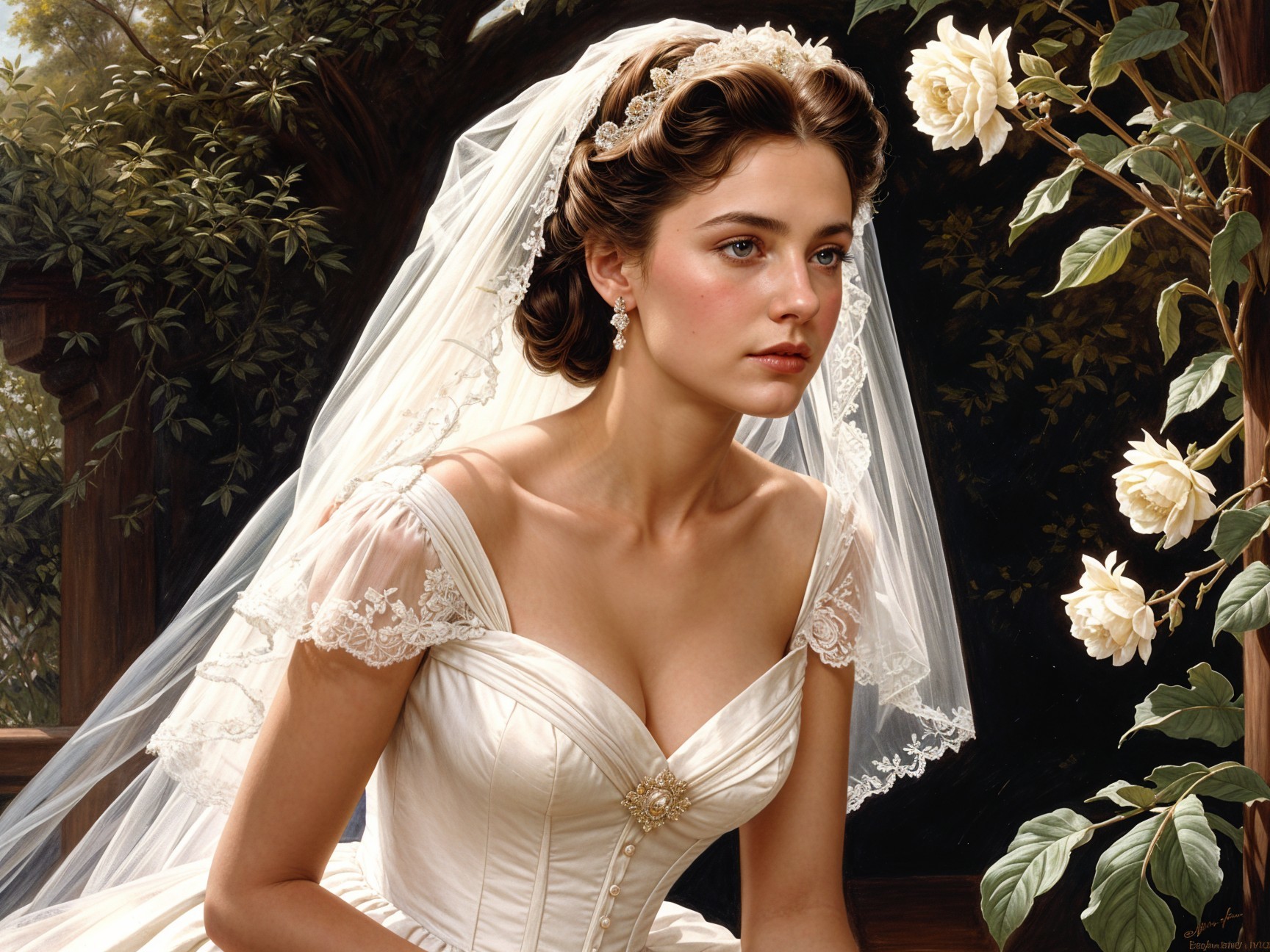 Elegant Bride in White Gown Surrounded by Roses