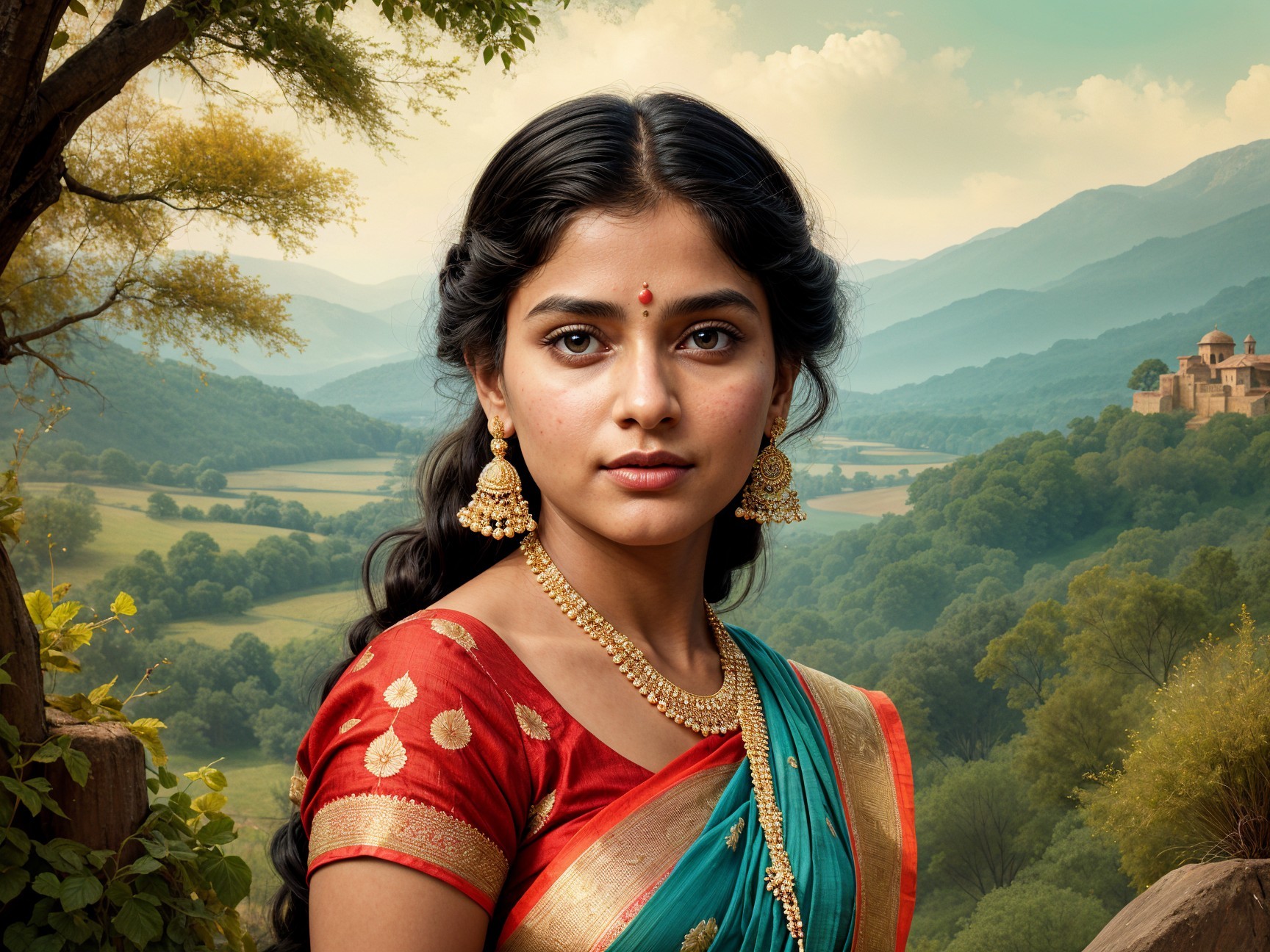 Young woman in saree against scenic landscape
