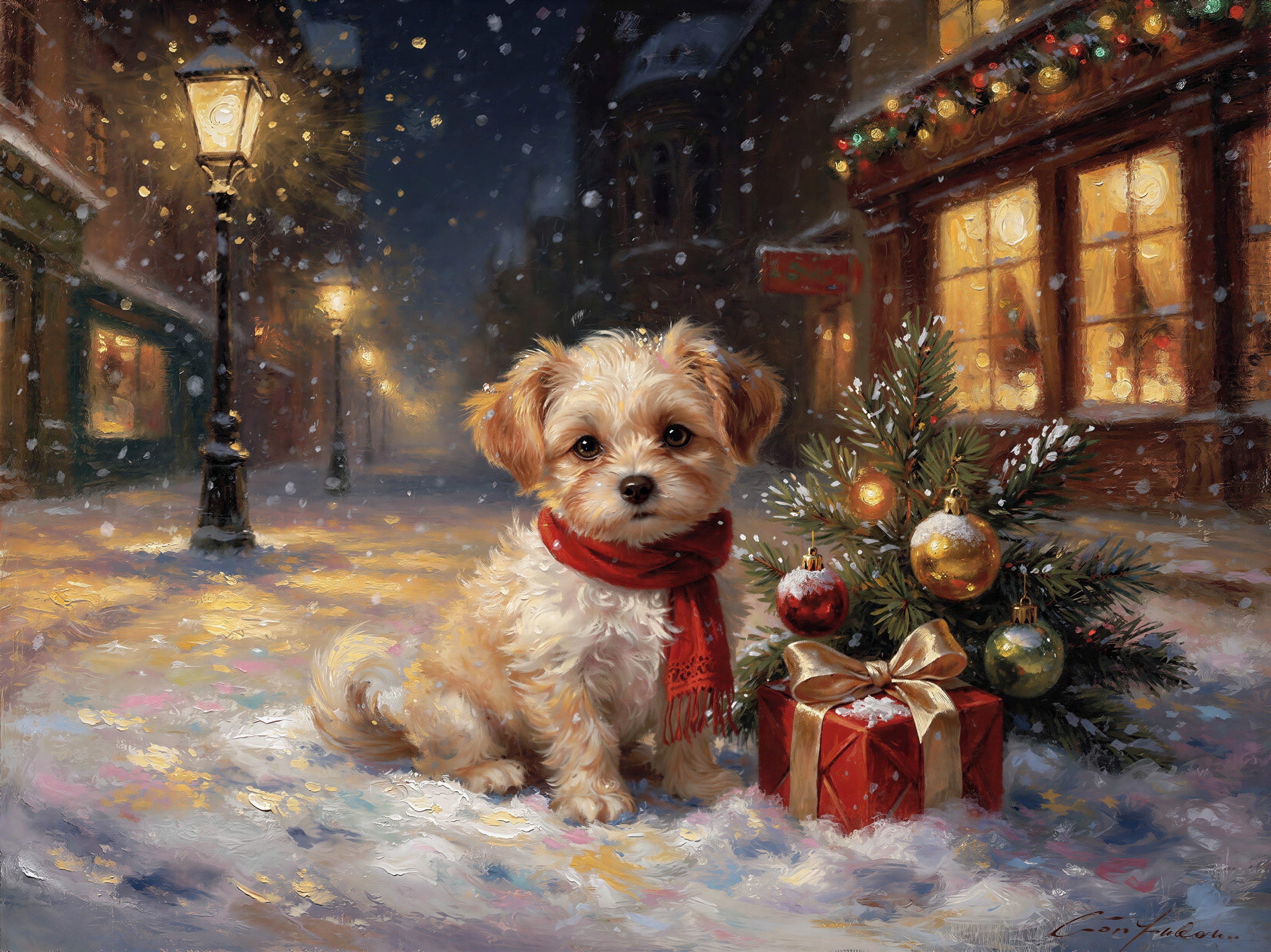 Oil Painting of Puppy in Snowy Christmas Scene