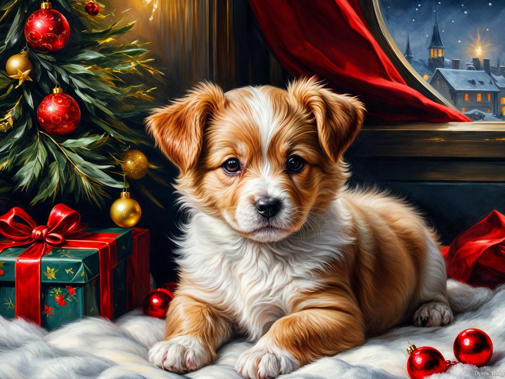 Puppy on Festive Blanket with Christmas Decor and Snow
