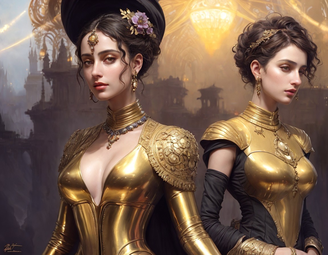 Women in Golden Dresses with Fantasy Cityscape Background