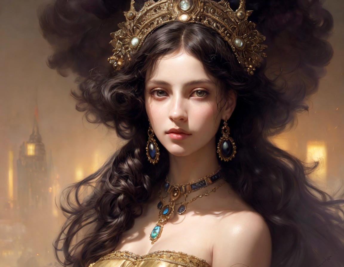 Regal Woman with Golden Crown and Cityscape Background