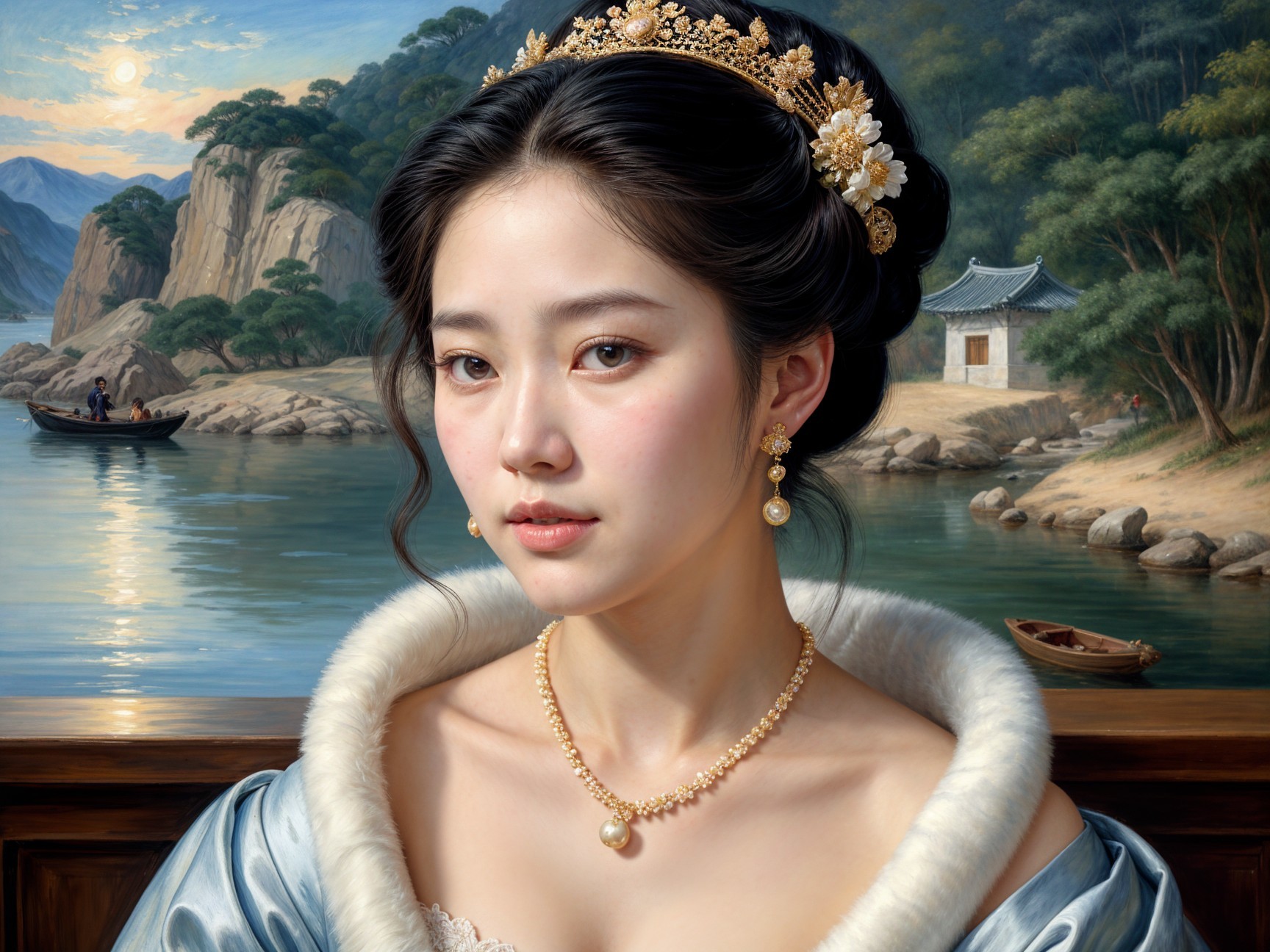 Portrait of a Young Woman in Elegant Attire and Nature
