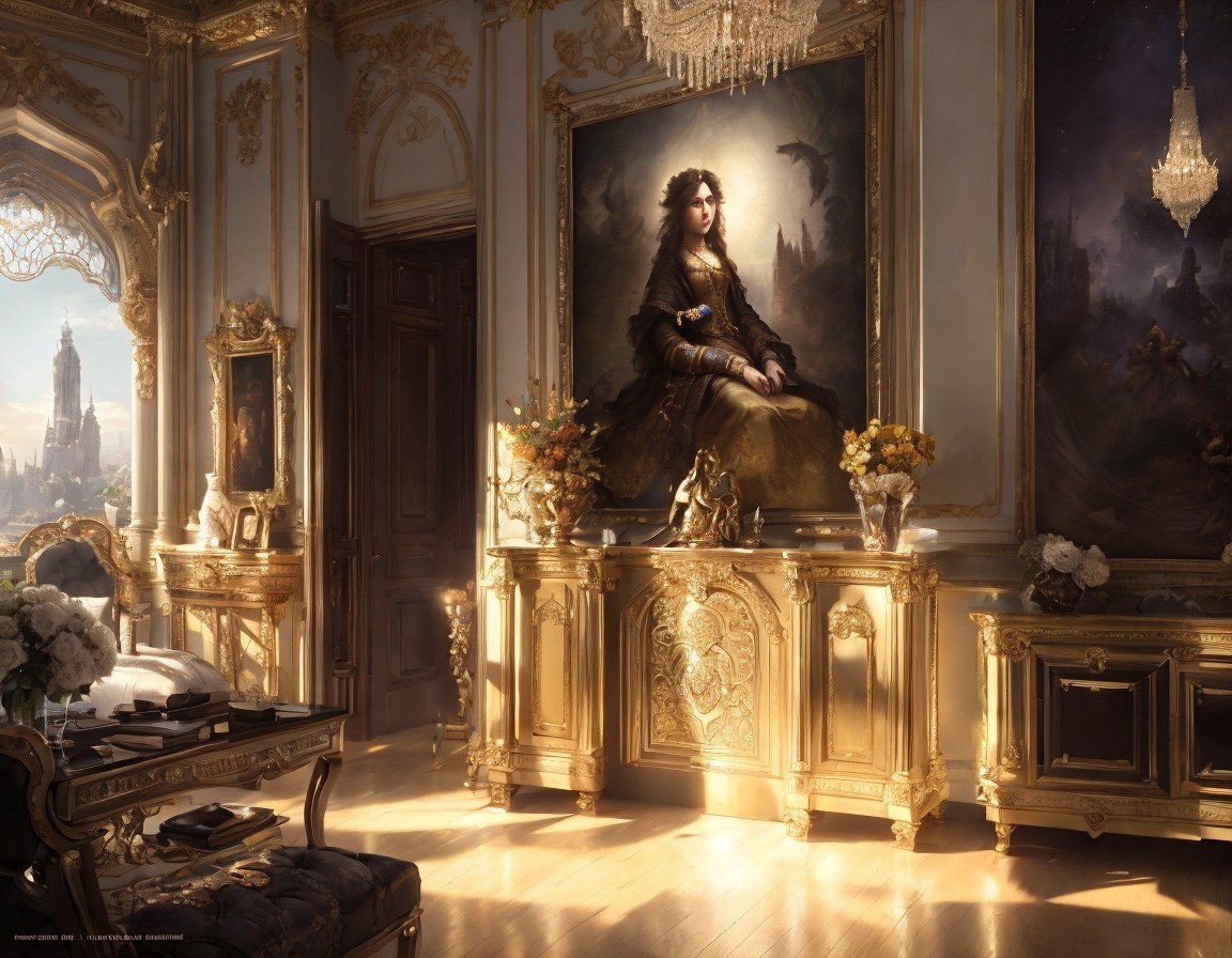 Opulent Room with Golden Decor and Lavish Furnishings