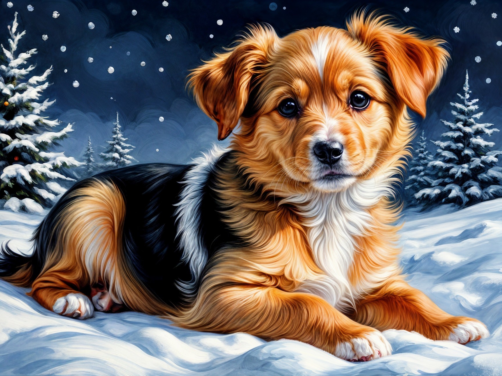 Golden and black puppy in a snowy winter landscape