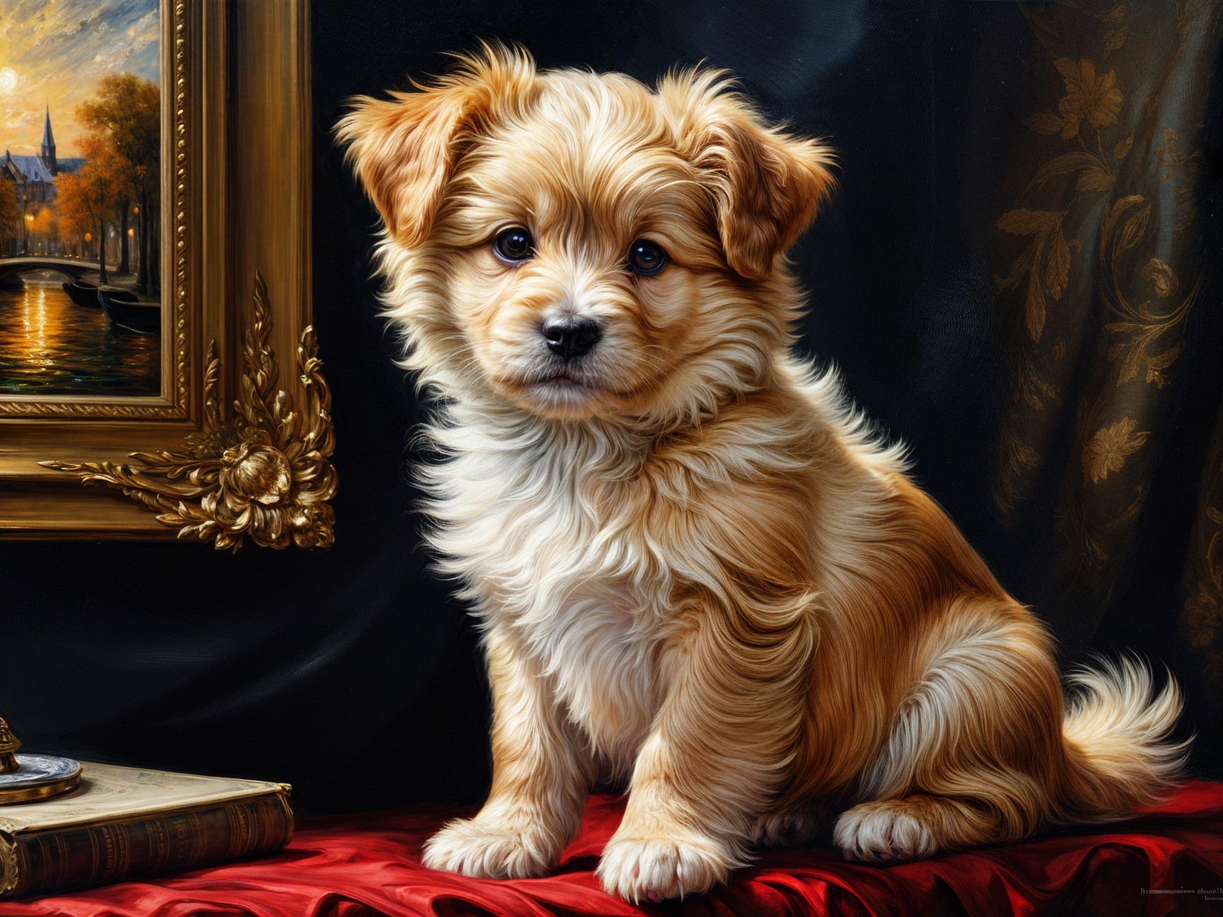 Fluffy Golden-Brown Puppy on Red Velvet Surface