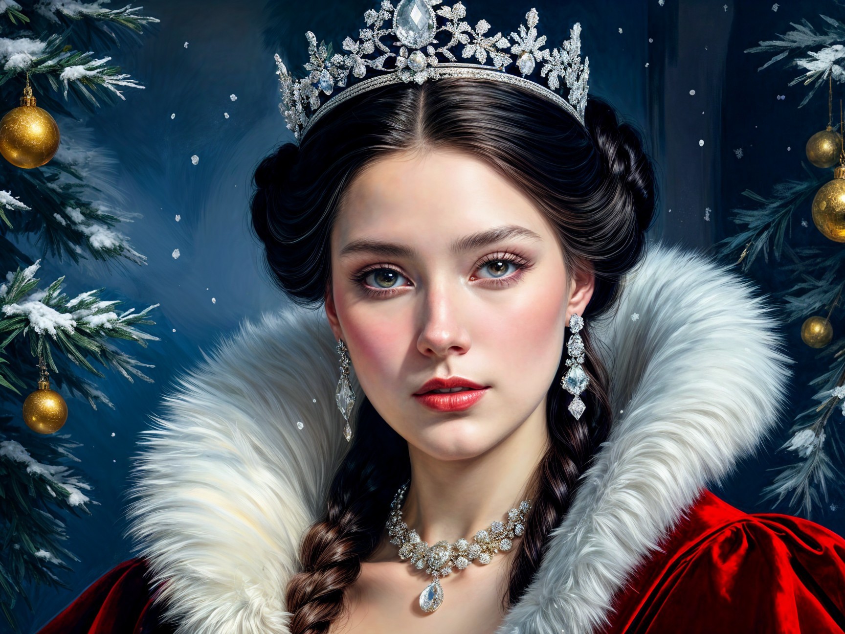 Regal Young Woman in Red Cloak with Gemstone Crown