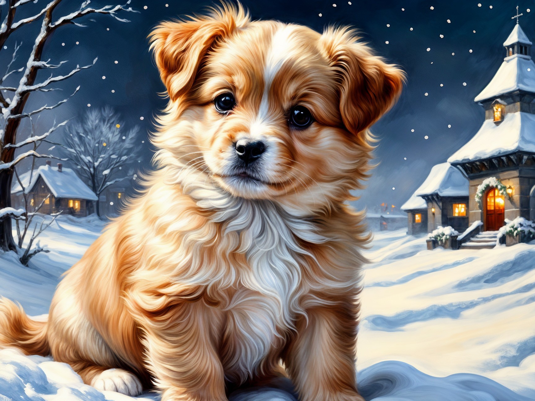 Fluffy Puppy in Snowy Winter Landscape with Cottage