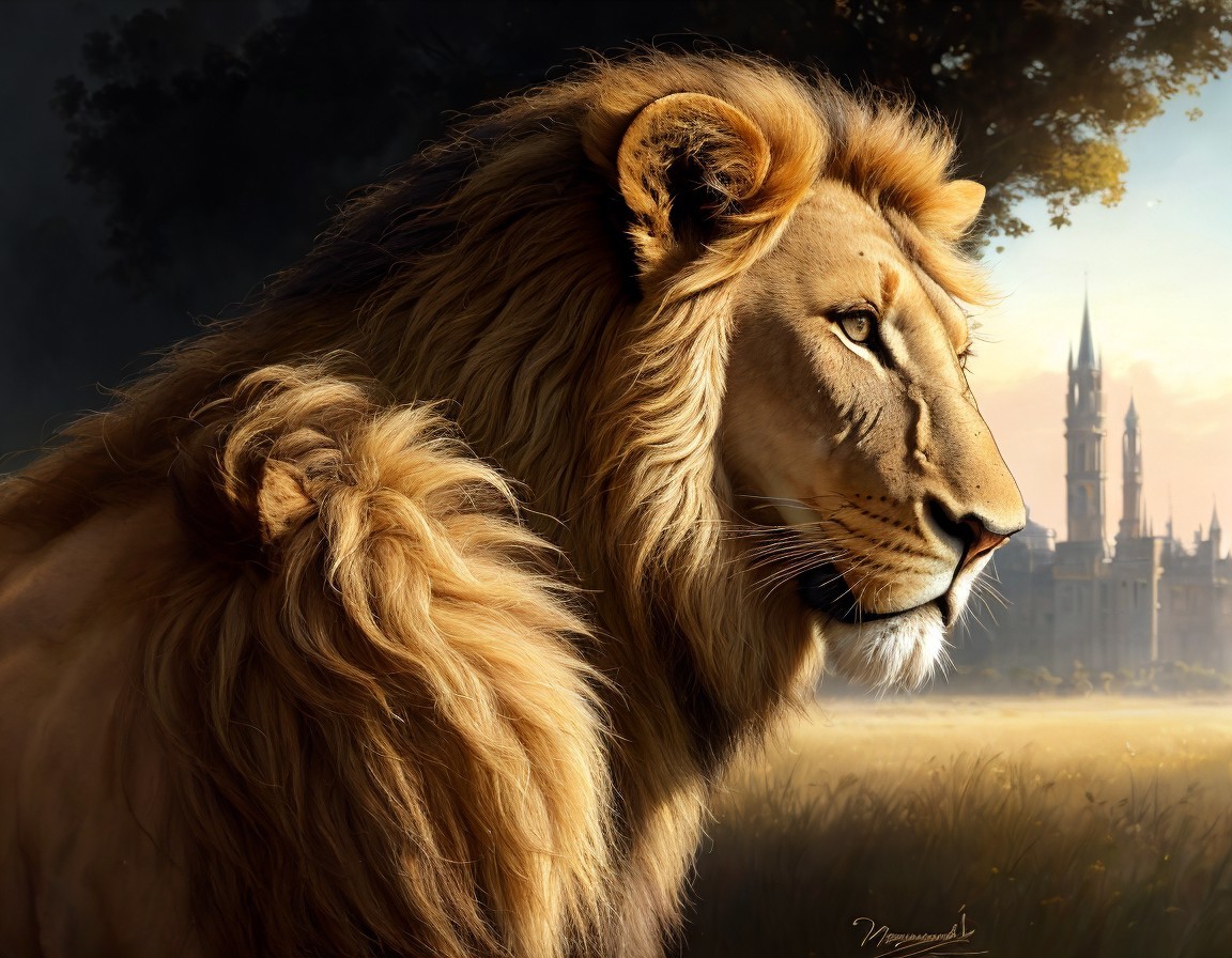 Majestic lion with full mane gazing at castle and golden foliage