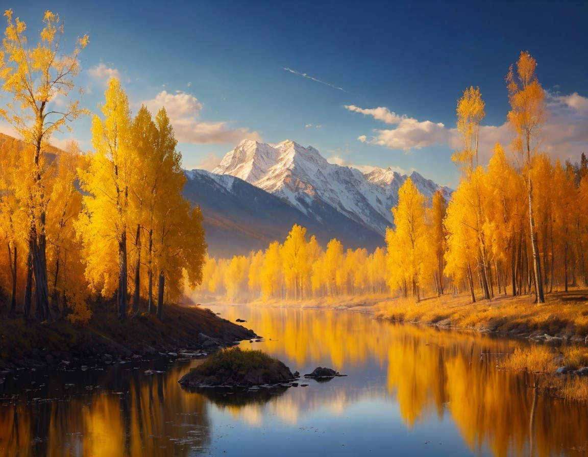 Tranquil river with golden autumn leaves and snow-capped mountain