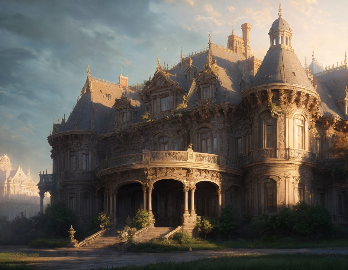 Opulent mansion with grand architecture and greenery