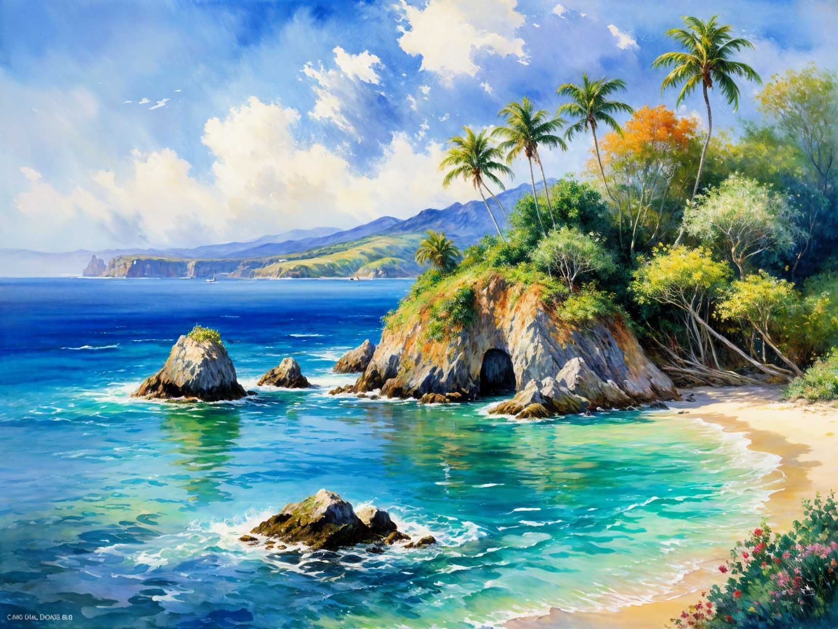 Vibrant Coastal Scene with Palm Trees and Turquoise Waters