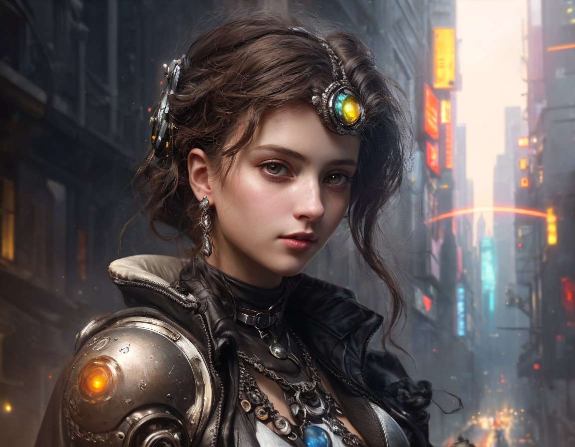 Young woman with cybernetic enhancements in medieval armor in futuristic urban setting