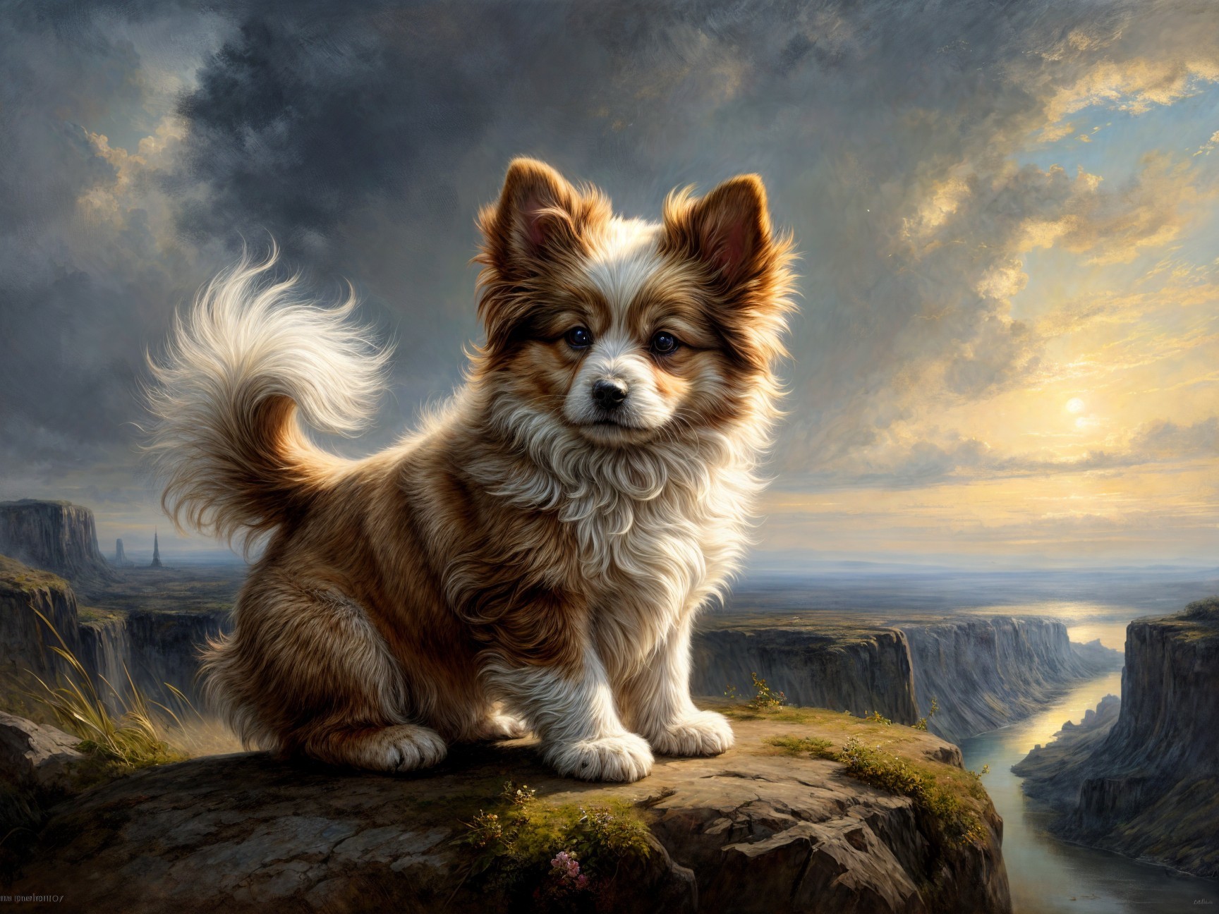 Small Fluffy Dog on Rocky Ledge at Sunset
