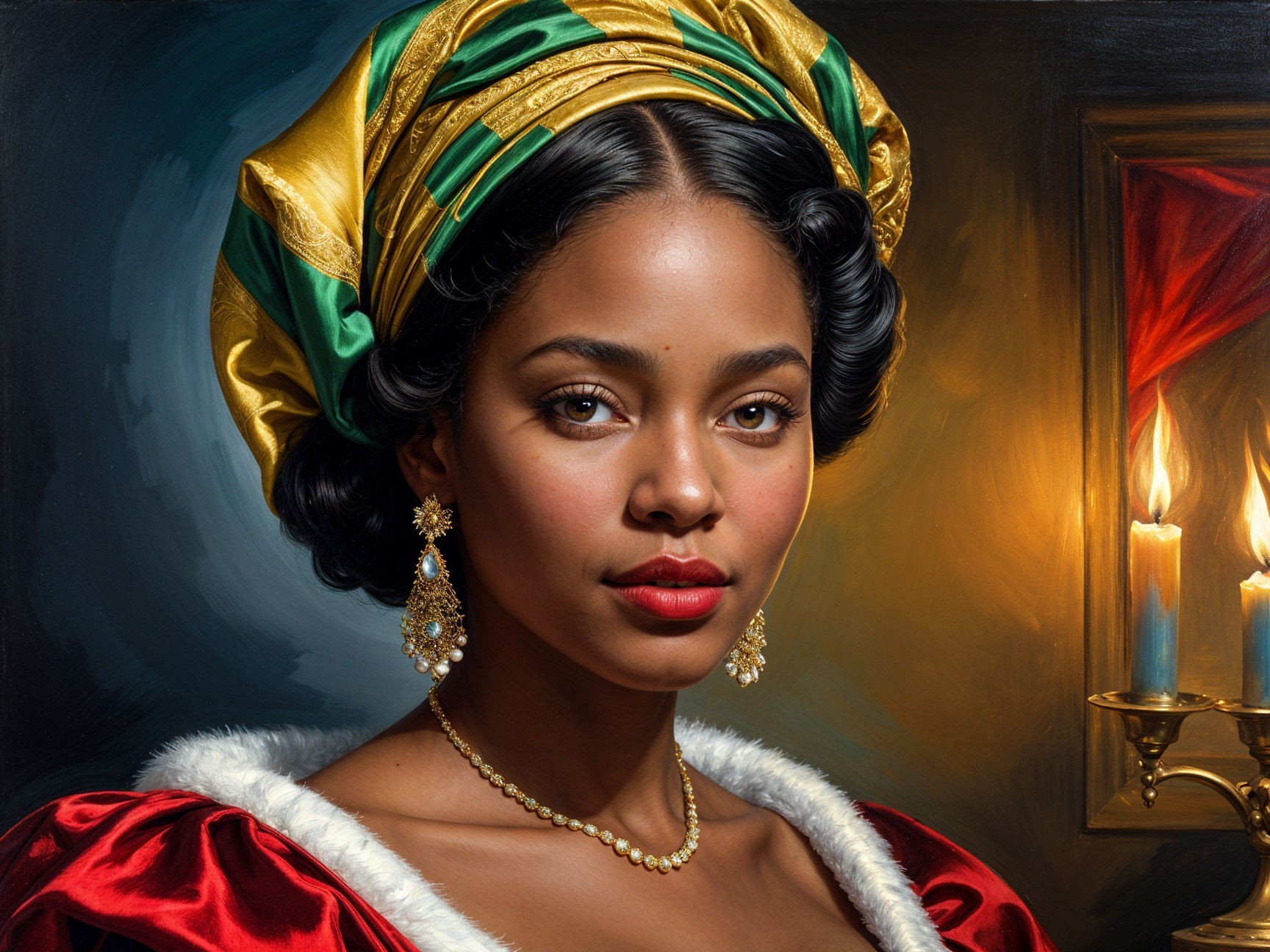 Portrait of a Woman in Red Garment with Fur Accents