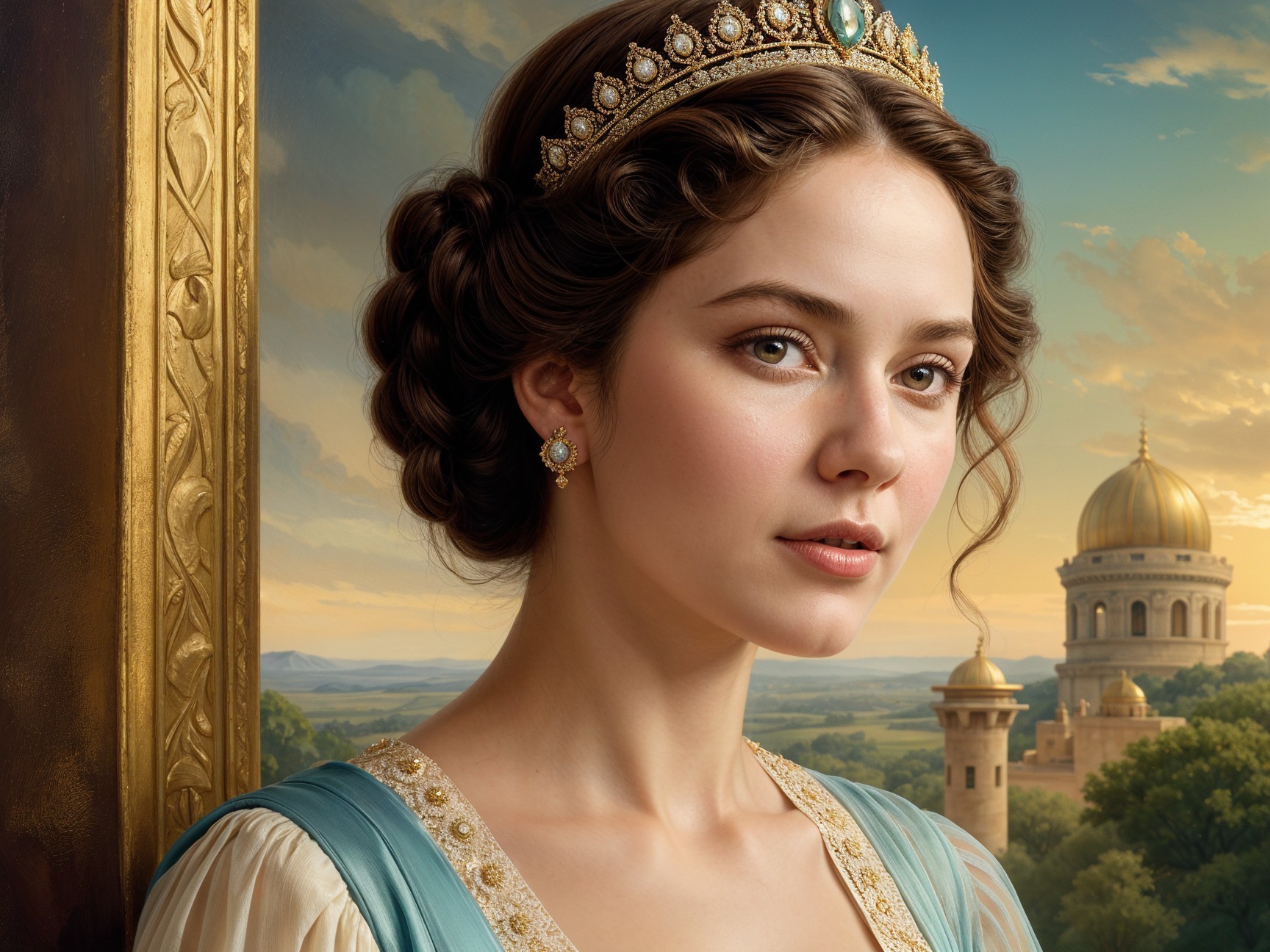 Young woman in blue dress with tiara in royal setting