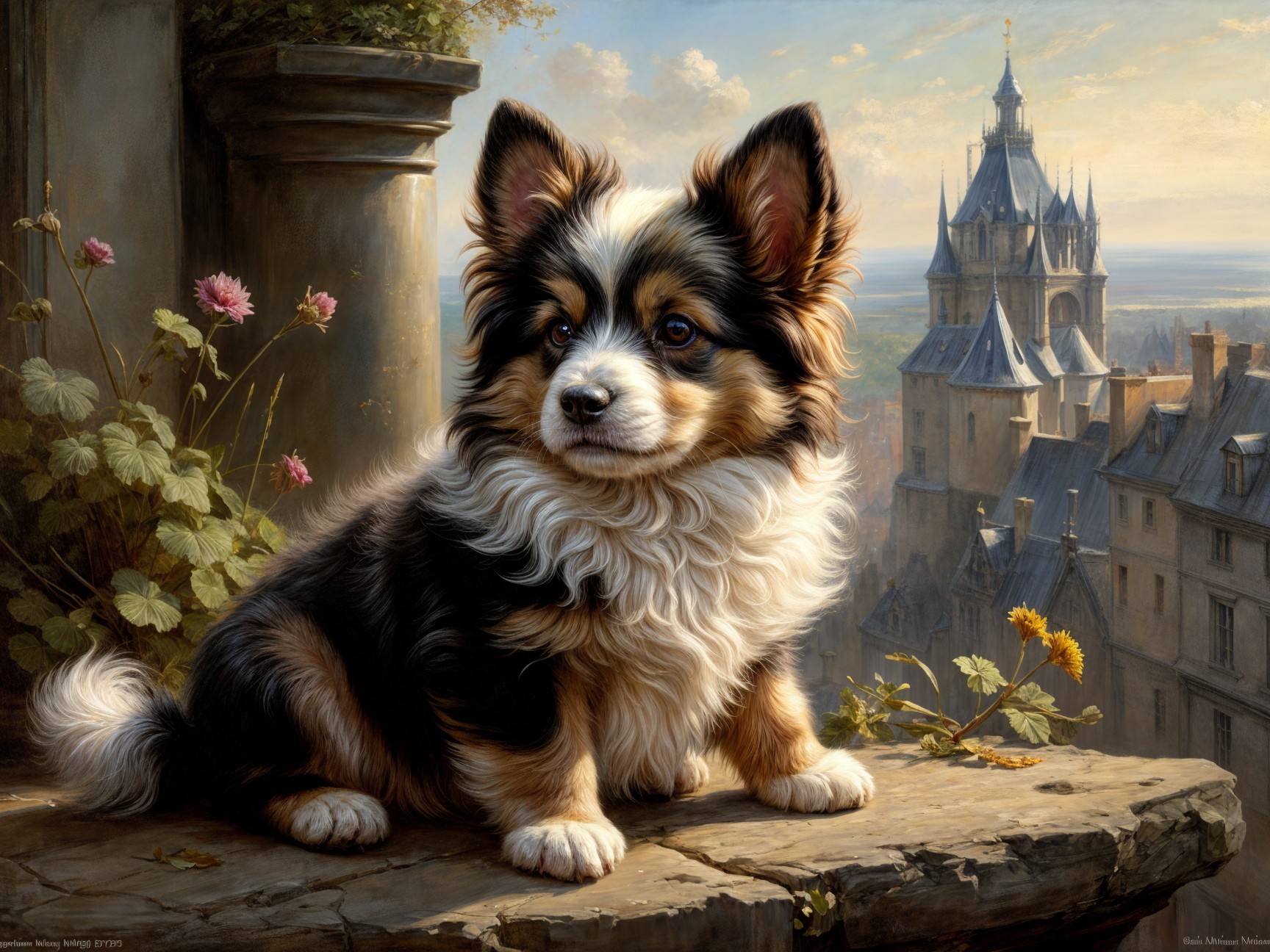 Fluffy Tri-Color Dog with Castle and Hills Background