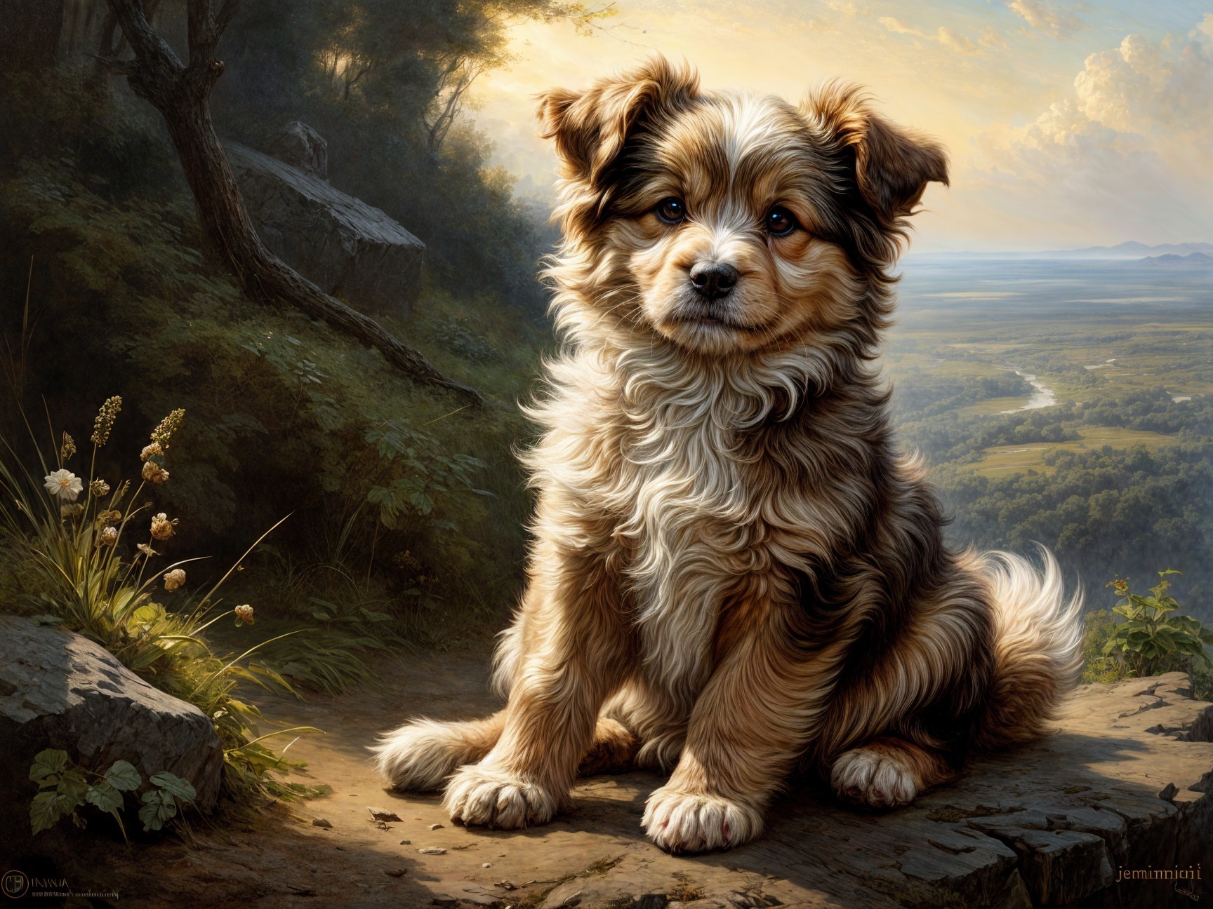 Fluffy Golden-Brown Dog on Rocky Path in Lush Landscape