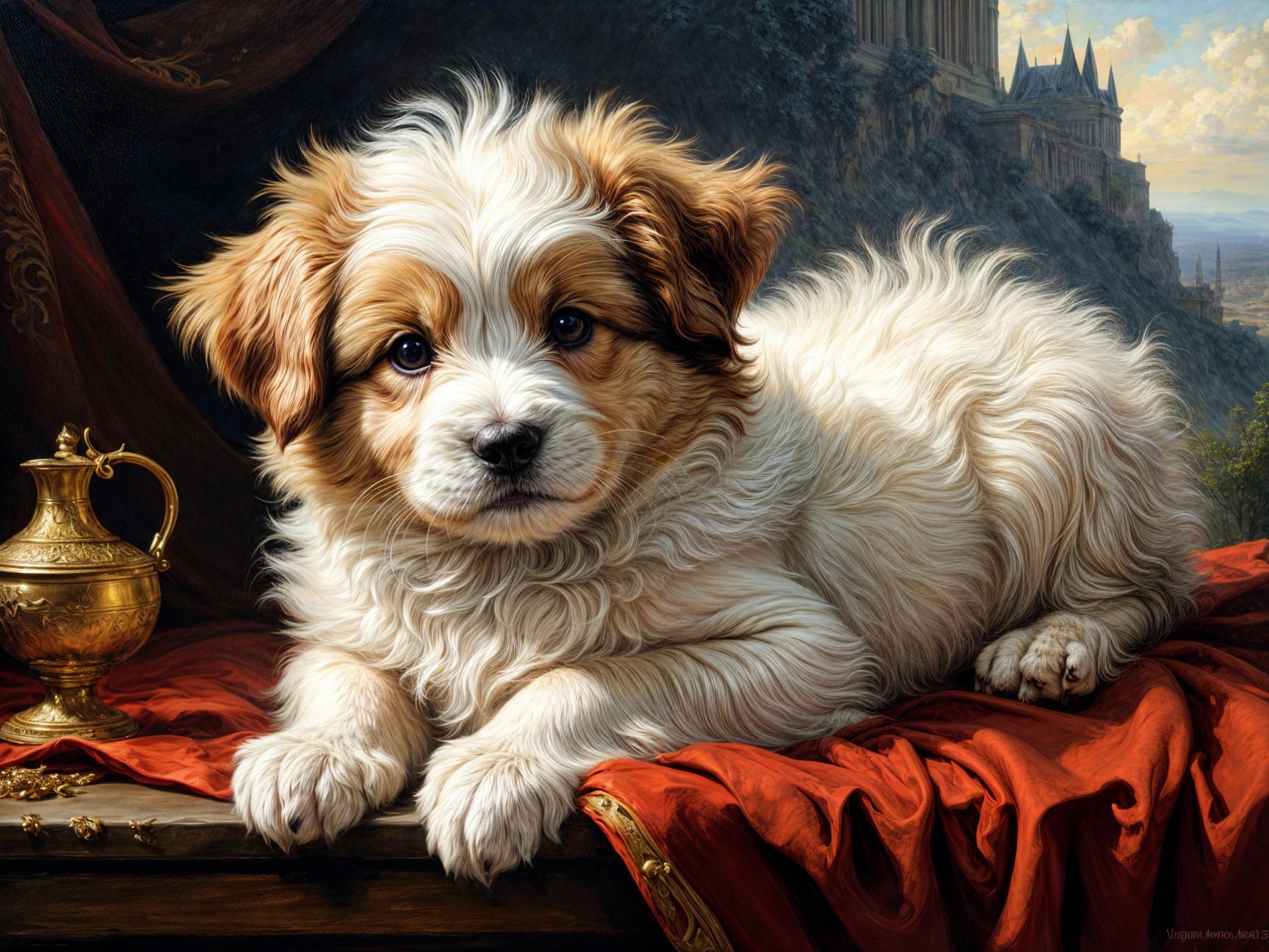 Fluffy Golden and White Puppy on Red Fabric Background