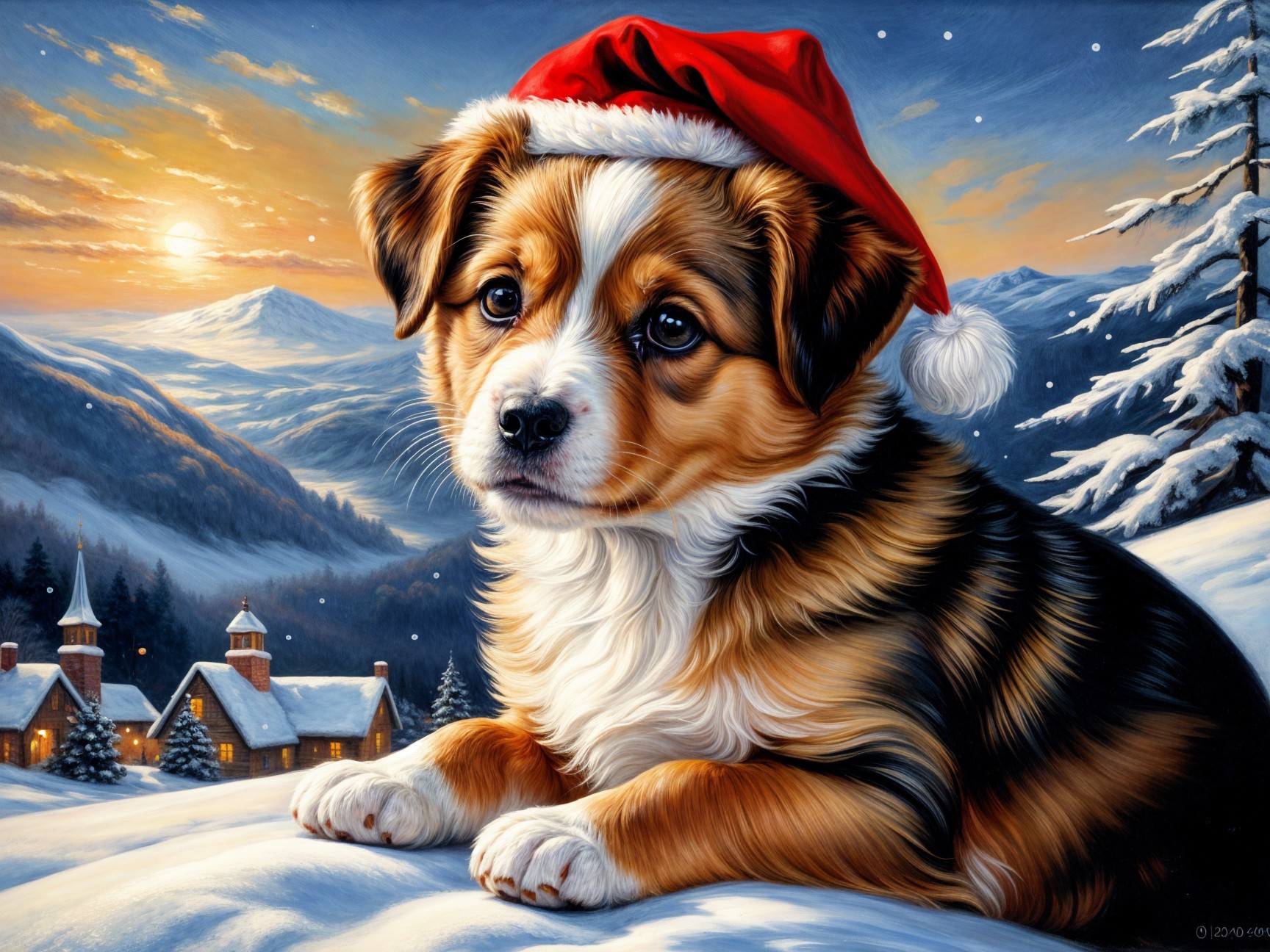 Puppy in Santa Hat in Snowy Winter Landscape